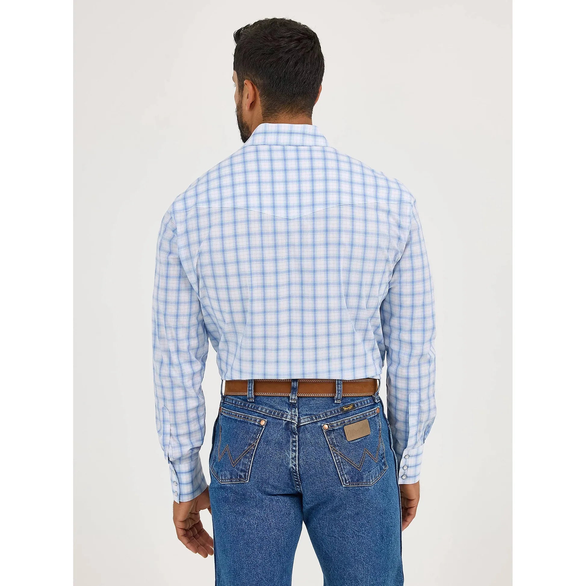 Men's Wrangler Wrinkle Resist Long Sleeve Western Snap Plaid Shirt-Seaside Blue