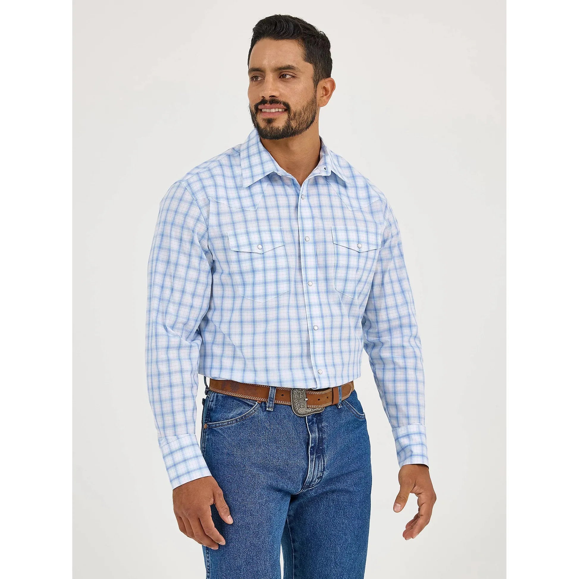 Men's Wrangler Wrinkle Resist Long Sleeve Western Snap Plaid Shirt-Seaside Blue