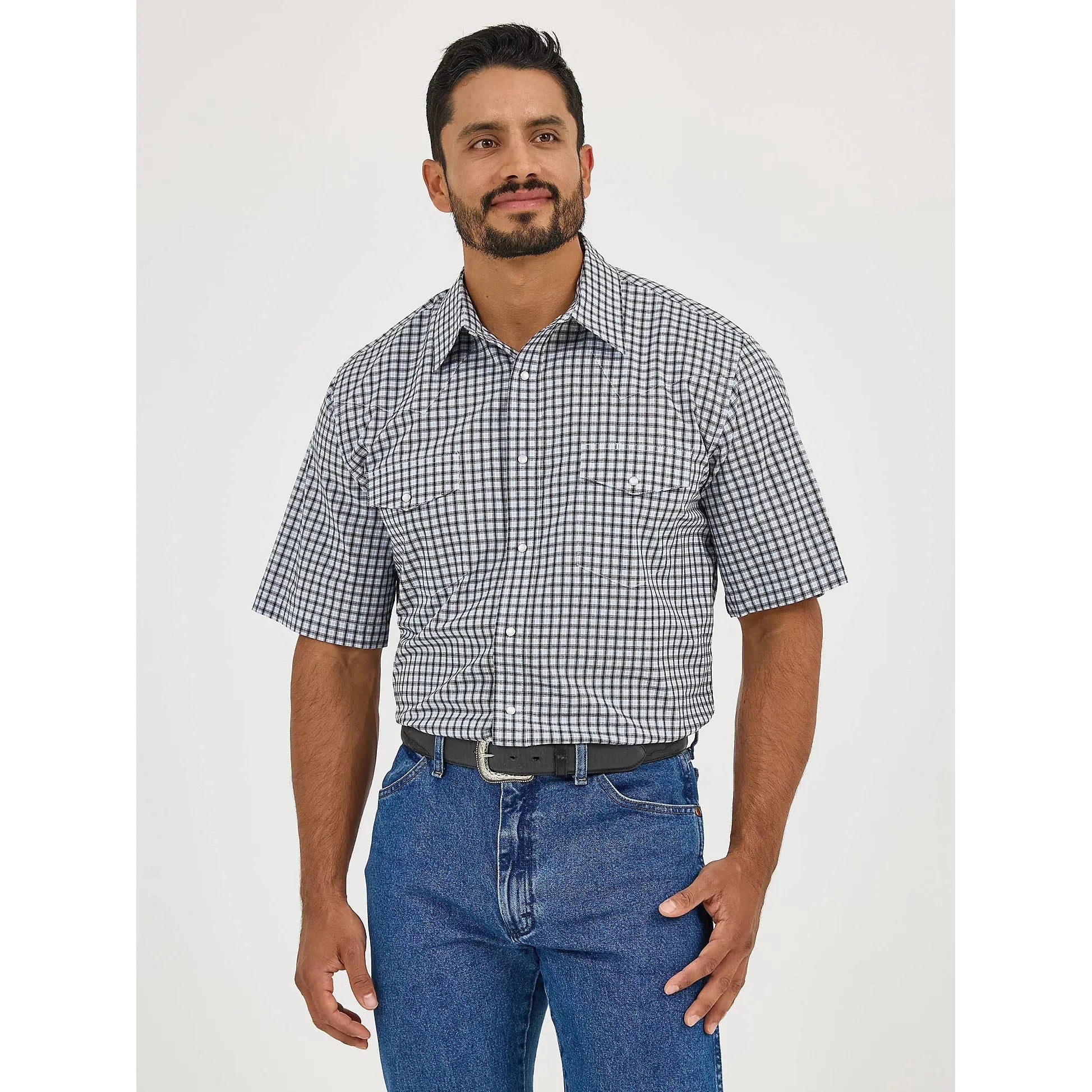 Men's Wrangler Wrinkle Resist Short Sleeve Western Snap Plaid Shirt-Bleu Plaid