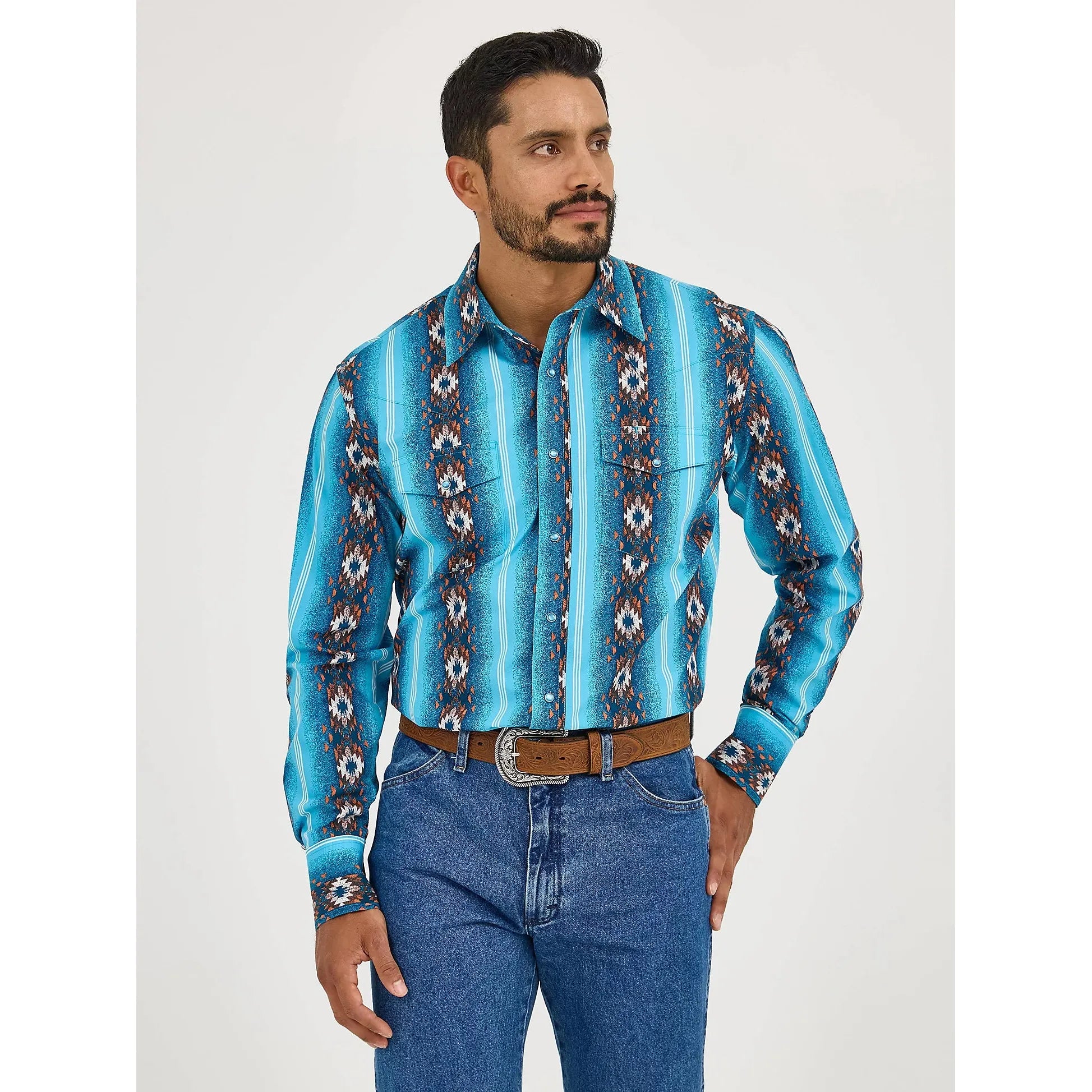 Men's Wrangler Checotah® Long Sleeve Western Snap Printed Shirt-Sea Salt Blue