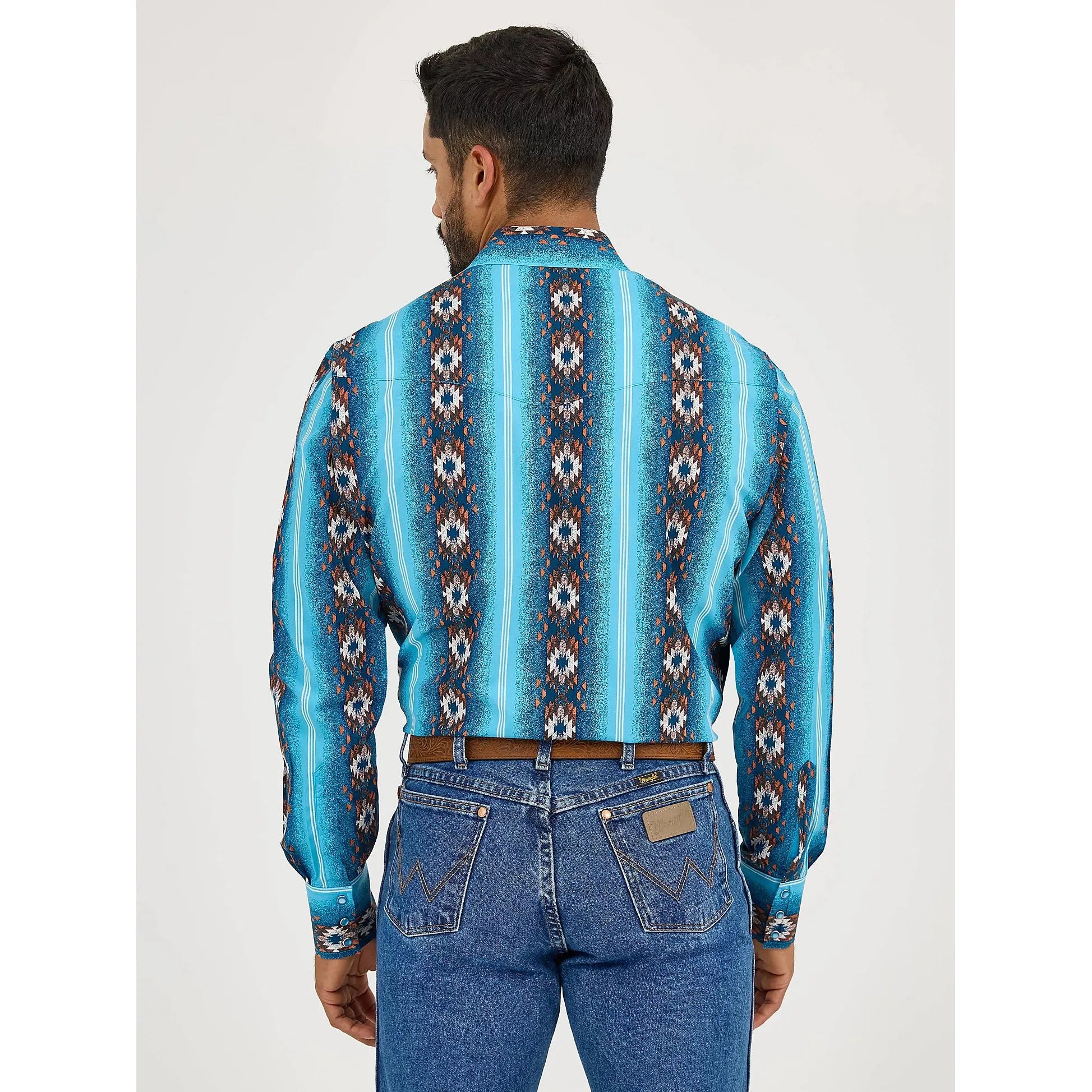 Men's Wrangler Checotah® Long Sleeve Western Snap Printed Shirt-Sea Salt Blue