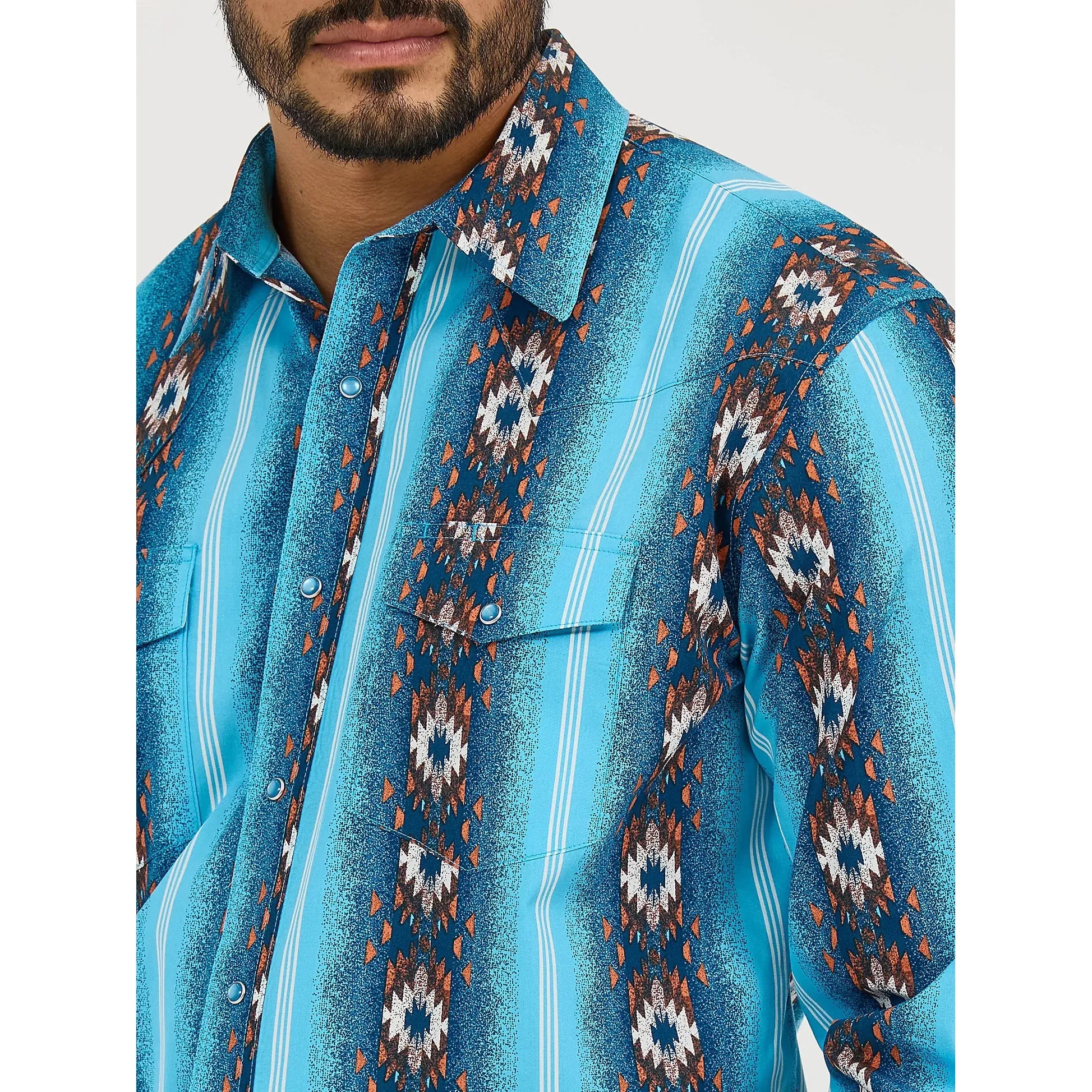 Men's Wrangler Checotah® Long Sleeve Western Snap Printed Shirt-Sea Salt Blue