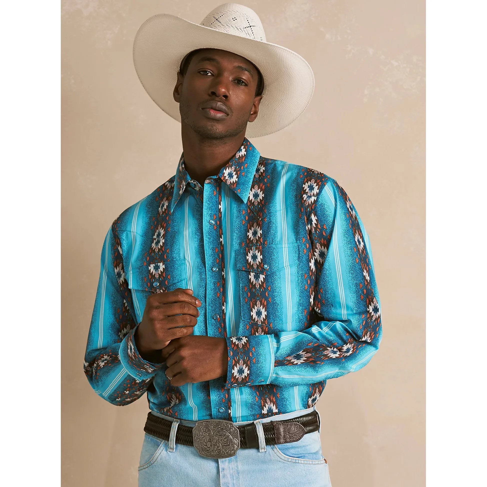 Men's Wrangler Checotah® Long Sleeve Western Snap Printed Shirt-Sea Salt Blue