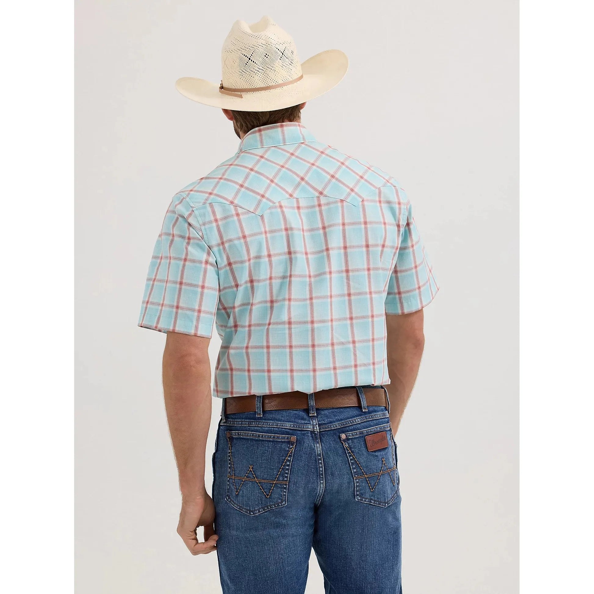 Men's Wrangler Retro Short Sleeve Sawtooth Pocket Western Snap Shirt-Icy Sea