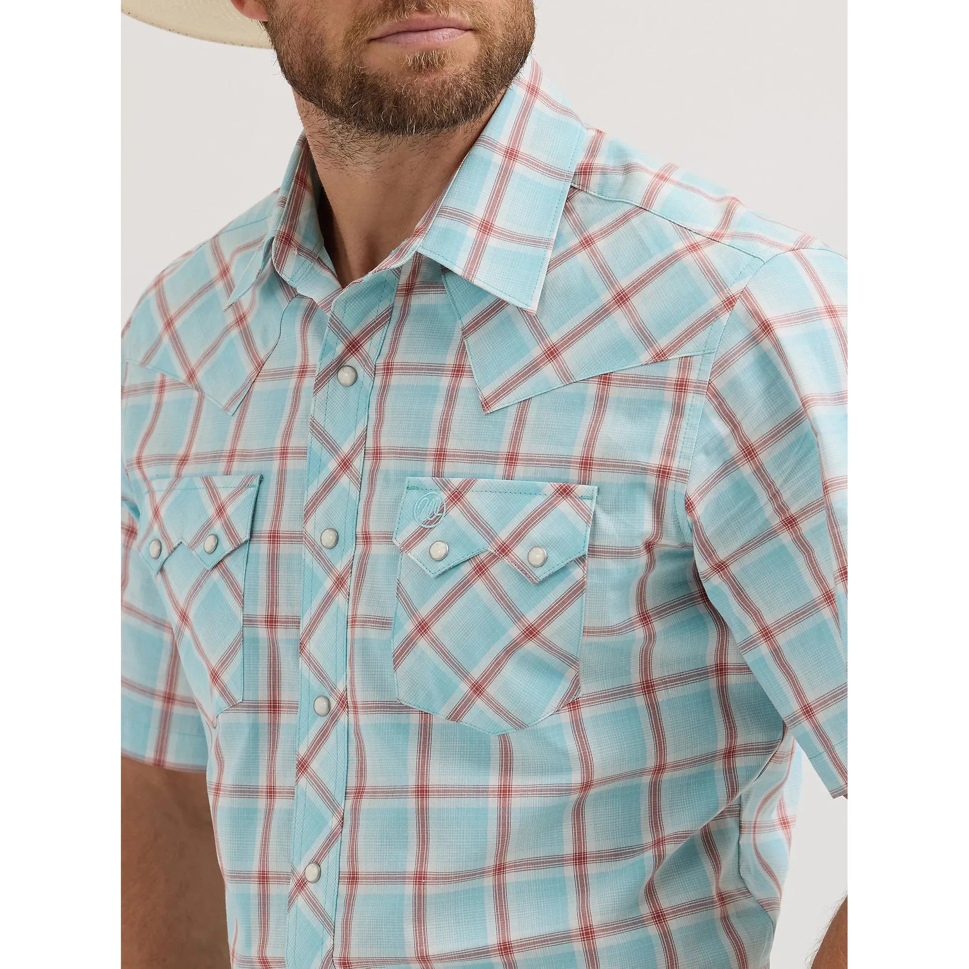 Men's Wrangler Retro Short Sleeve Sawtooth Pocket Western Snap Shirt-Icy Sea