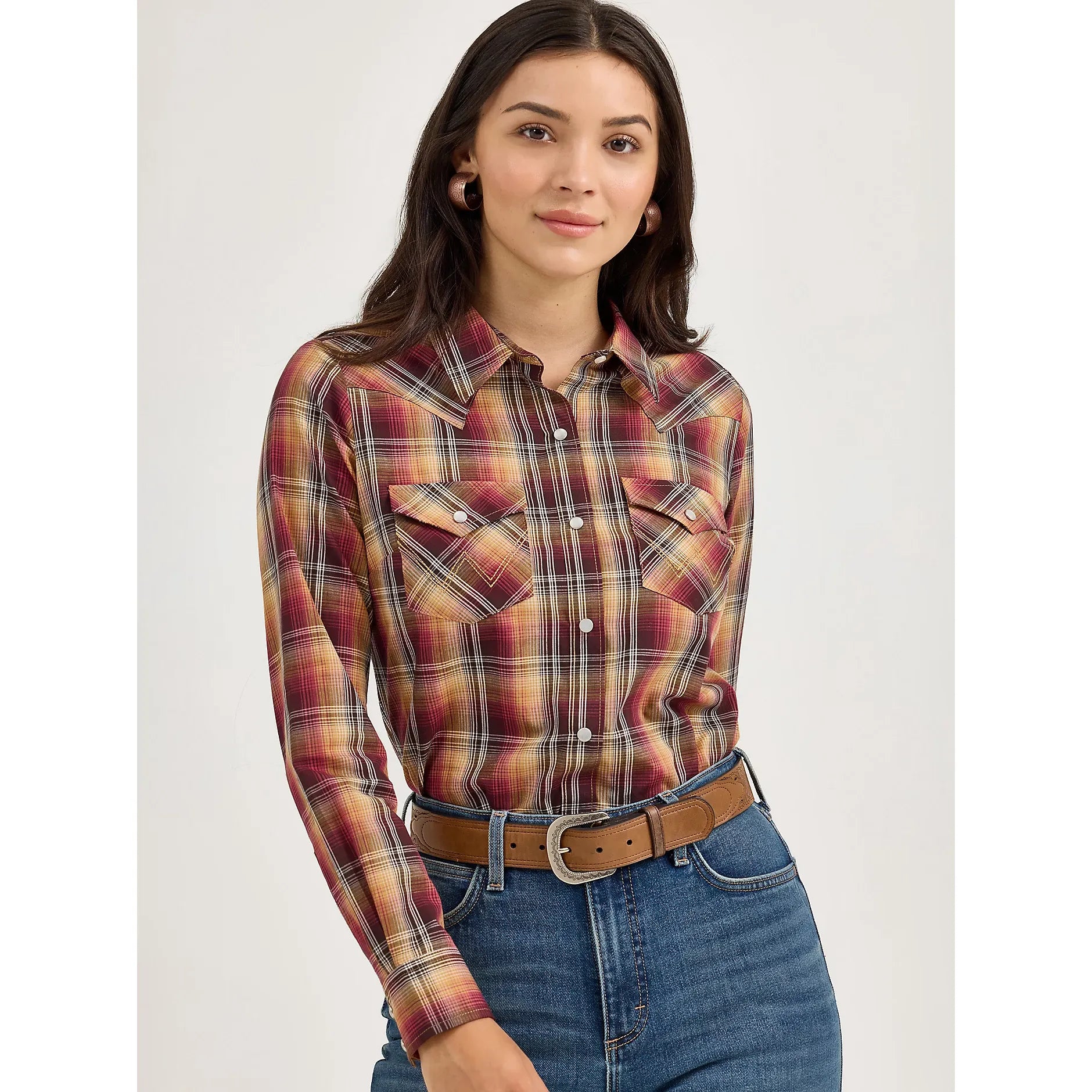 Women's Wrangler Essential Long Sleeve Plaid Western Snap Top-Harvest Plaid