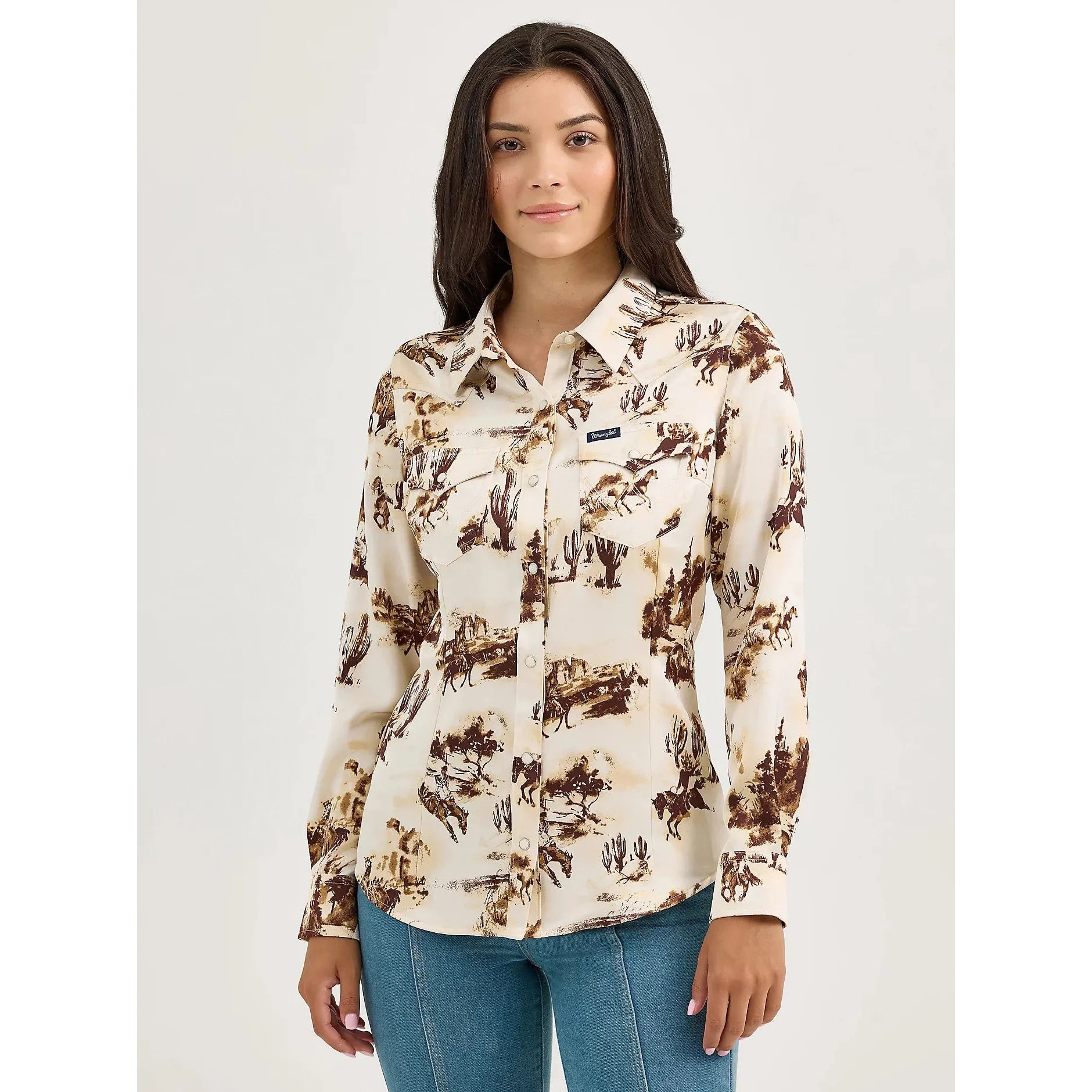 Women's Wrangler Bold Bucking Cowboy Western Snap Shirt-Cacti/Cream