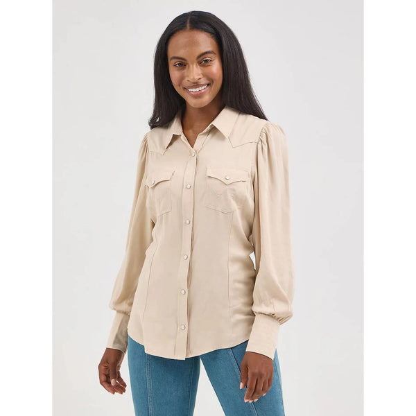 Women's Wrangler Poet Sleeve Western Shirt-Buff