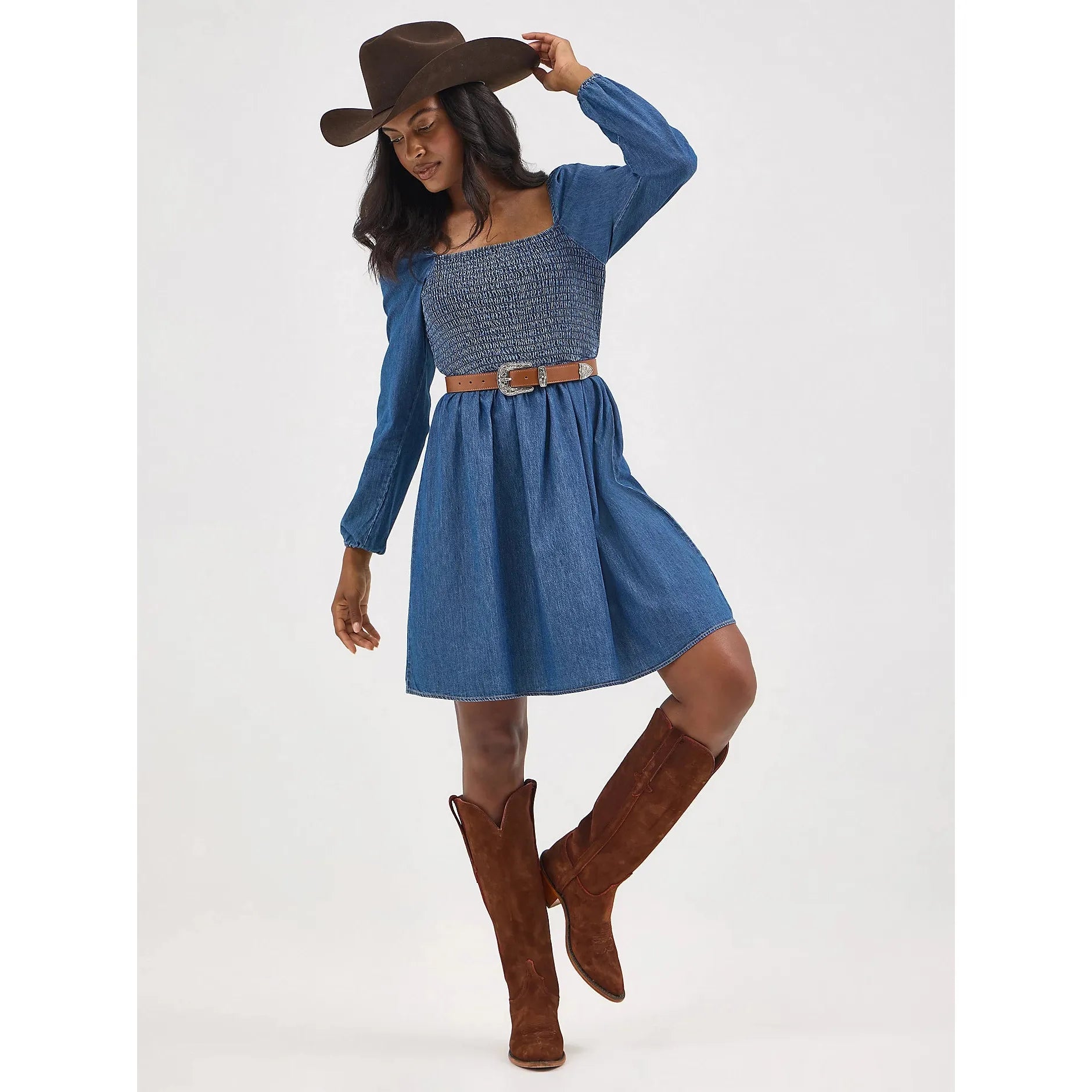 Women's Wrangler Smocked Bodice A-Line Dress-Dark Denim