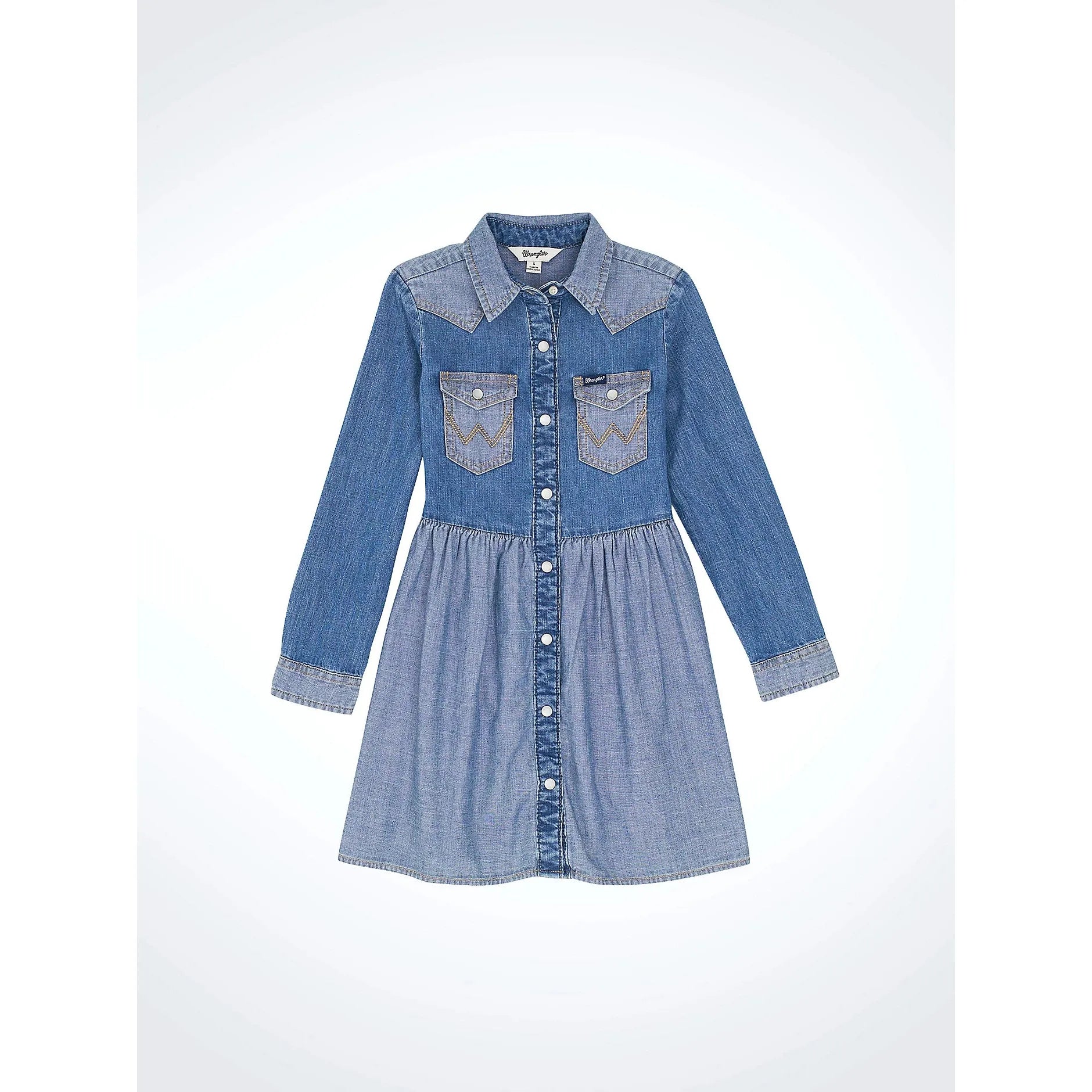 Wrangler Girl's Long Sleeve Western Denim Dress-Mid Denim