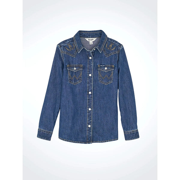 Wrangler Girl's Embroidered Western Snap Denim Shirt-Dark Denim