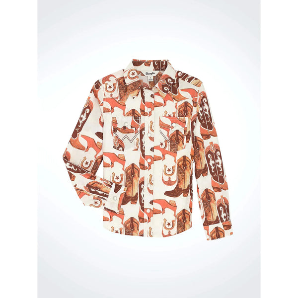 Wrangler Girl's Bold Print Western Snap Shirt-Pink Boots