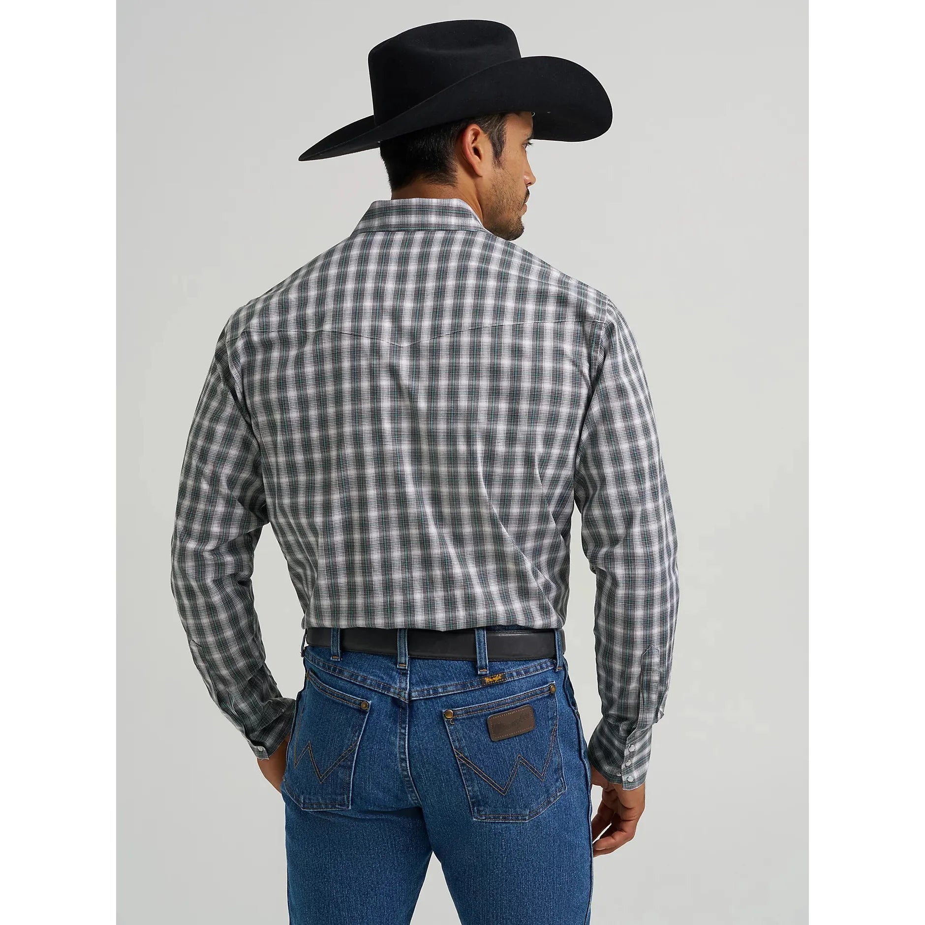 Men's Wrangler Wrinkle Resist Long Sleeve Western Snap Plaid Shirt-Smokey Sea