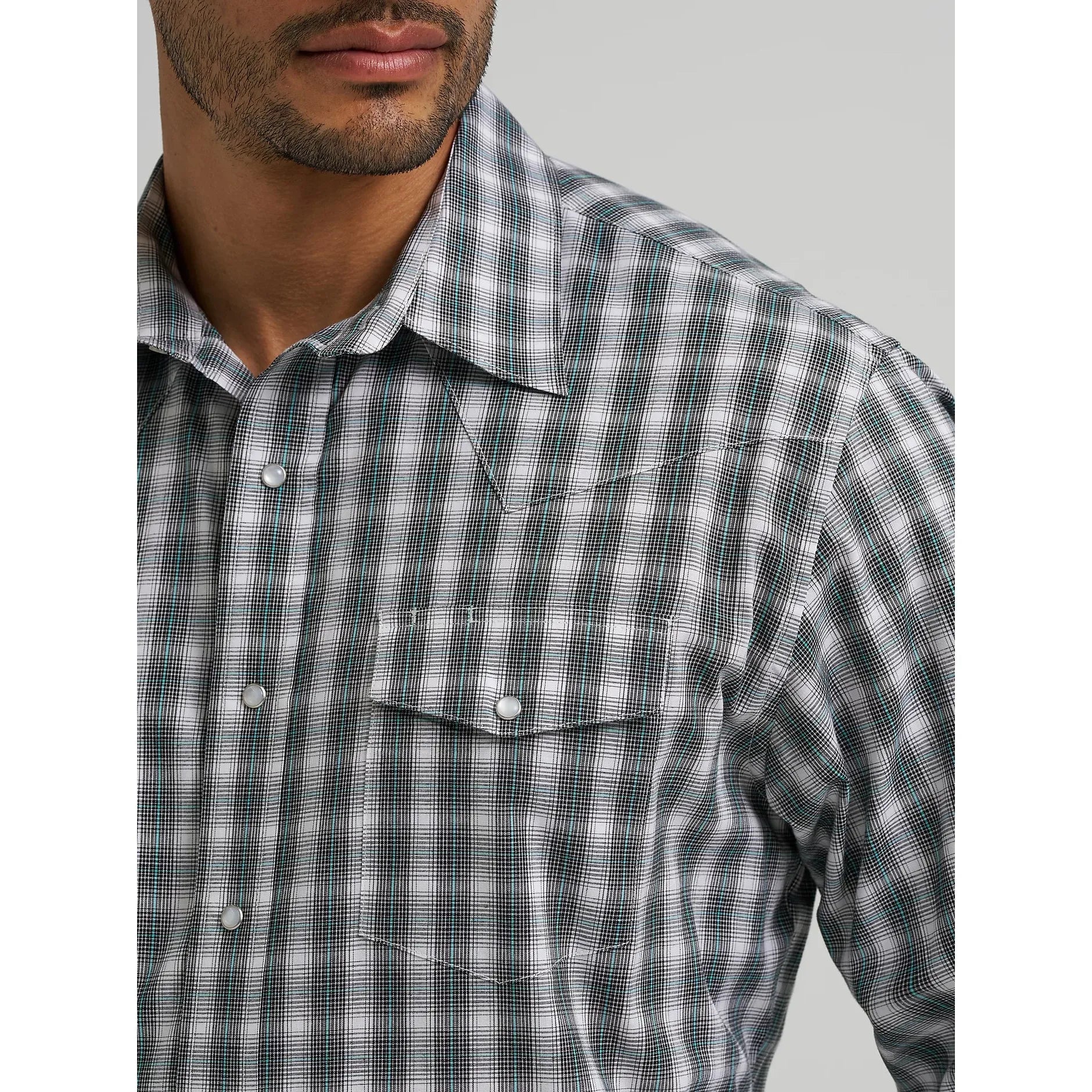 Men's Wrangler Wrinkle Resist Long Sleeve Western Snap Plaid Shirt-Smokey Sea