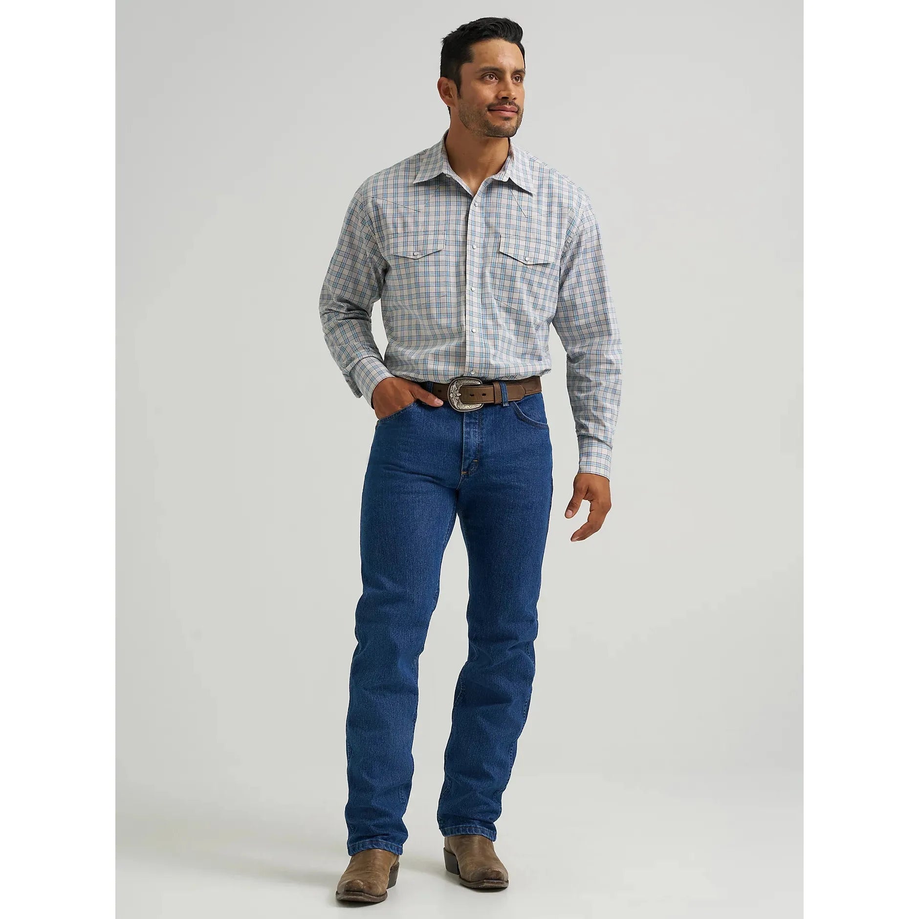 Men's Wrangler Wrinkle Resist Long Sleeve Western Snap Plaid Shirt-Powder Blue