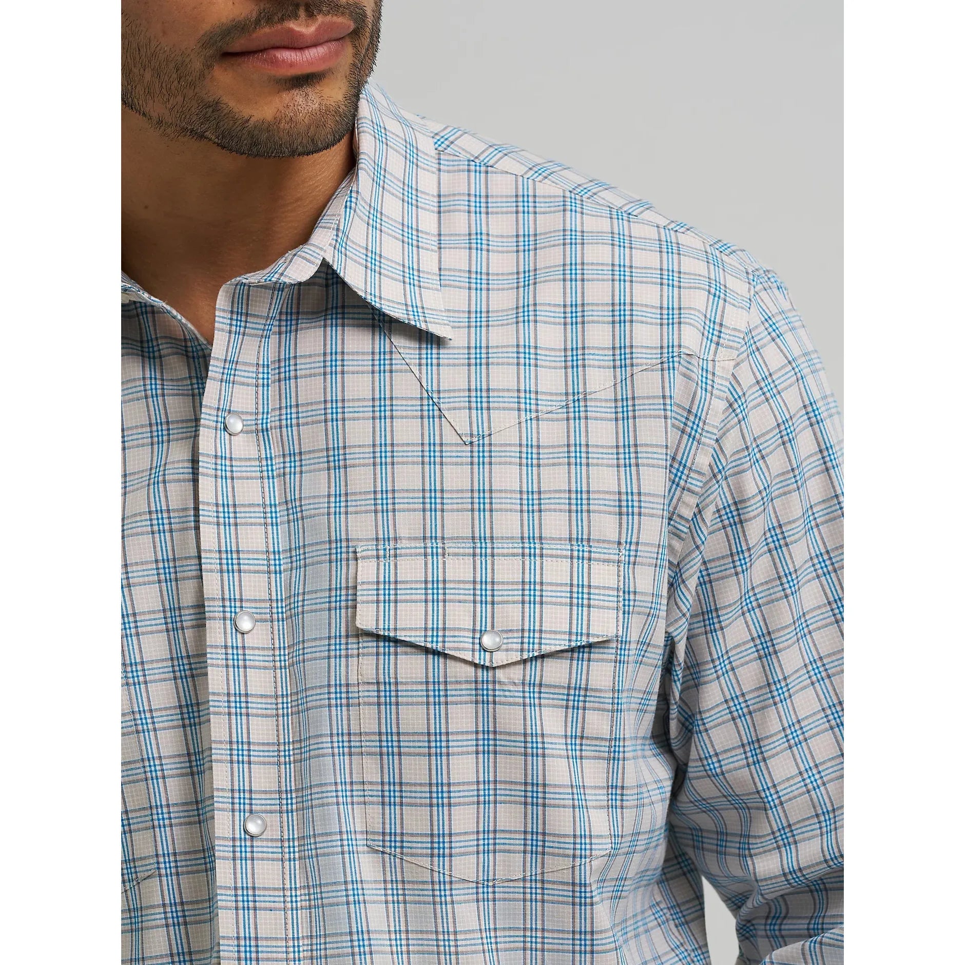 Men's Wrangler Wrinkle Resist Long Sleeve Western Snap Plaid Shirt-Powder Blue