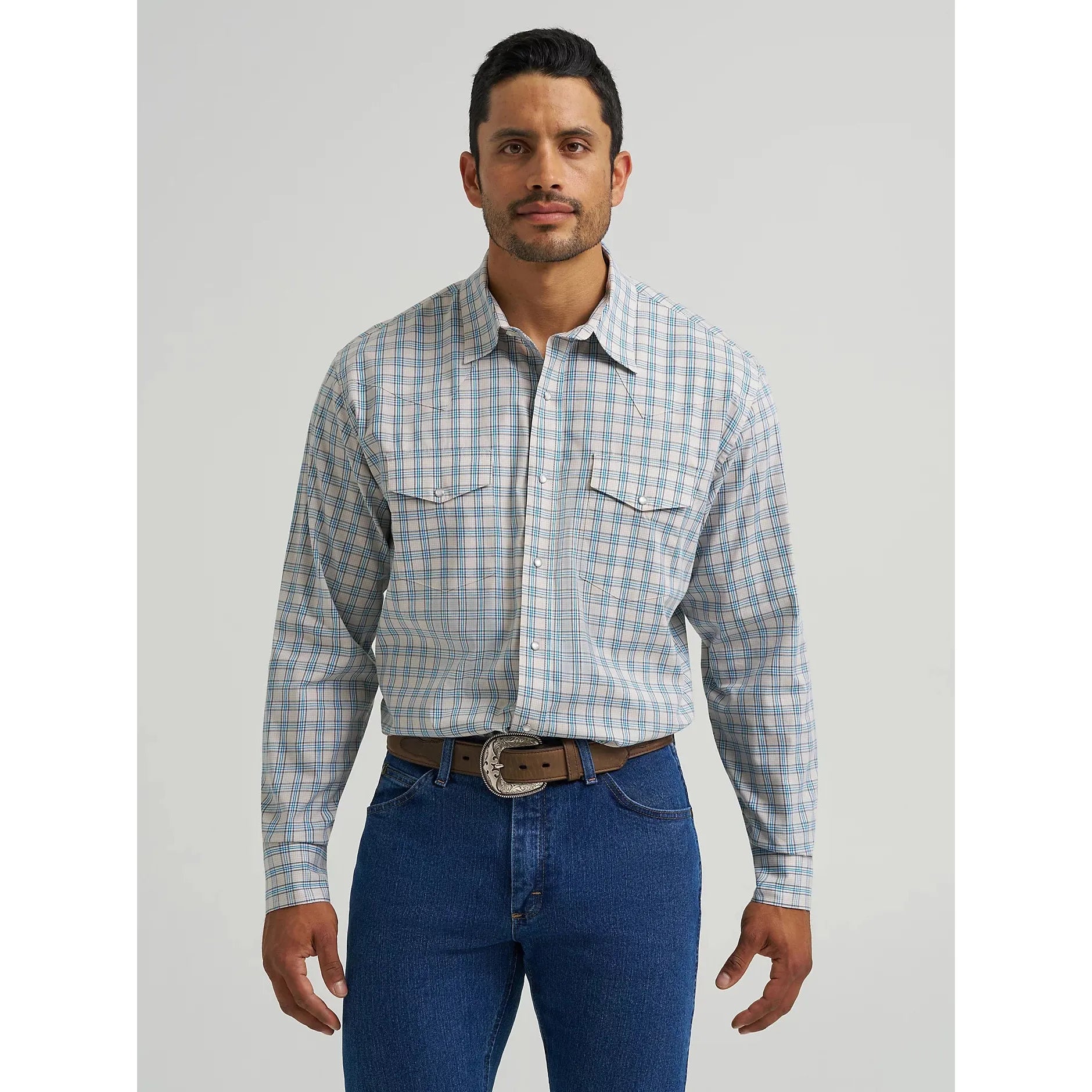 Men's Wrangler Wrinkle Resist Long Sleeve Western Snap Plaid Shirt-Powder Blue