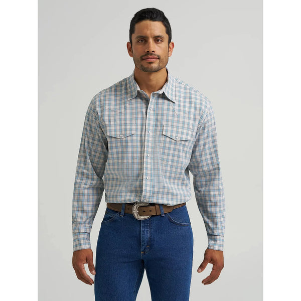 Men's Wrangler Wrinkle Resist Long Sleeve Western Snap Plaid Shirt-Powder Blue