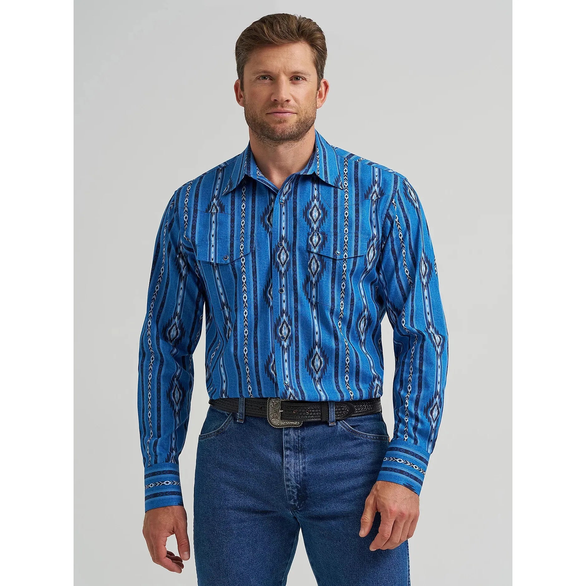 Men's Wrangler Checotah® Long Sleeve Western Snap Printed Shirt-Blue Darkly
