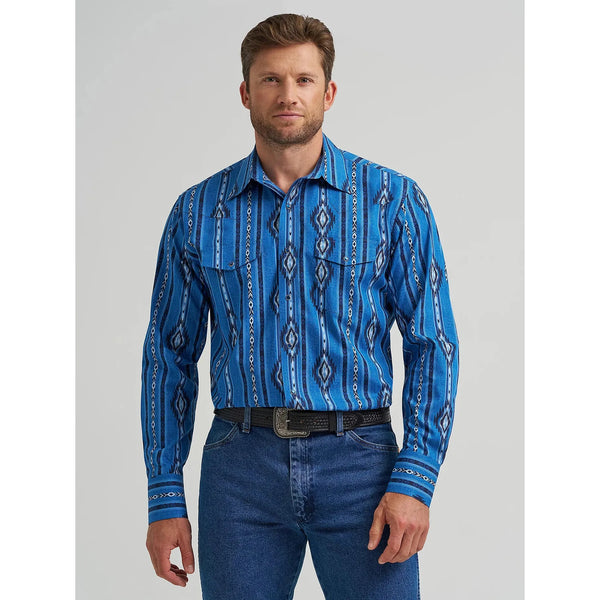 Men's Wrangler Checotah® Long Sleeve Western Snap Printed Shirt-Blue Darkly