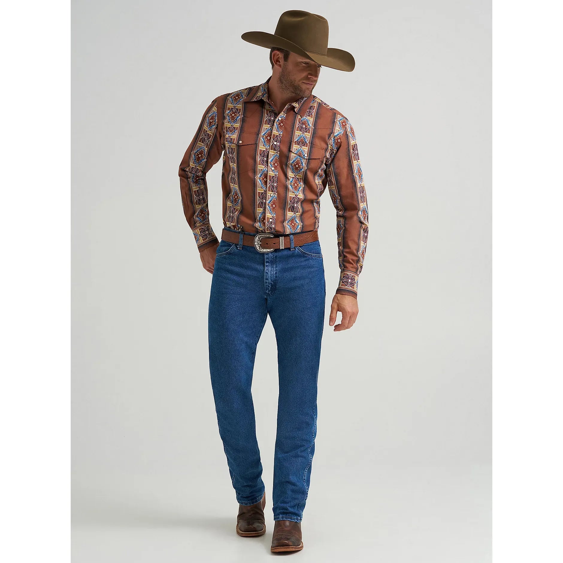 Men's Wrangler Checotah® Long Sleeve Western Snap Printed Shirt-Brown Rose Window