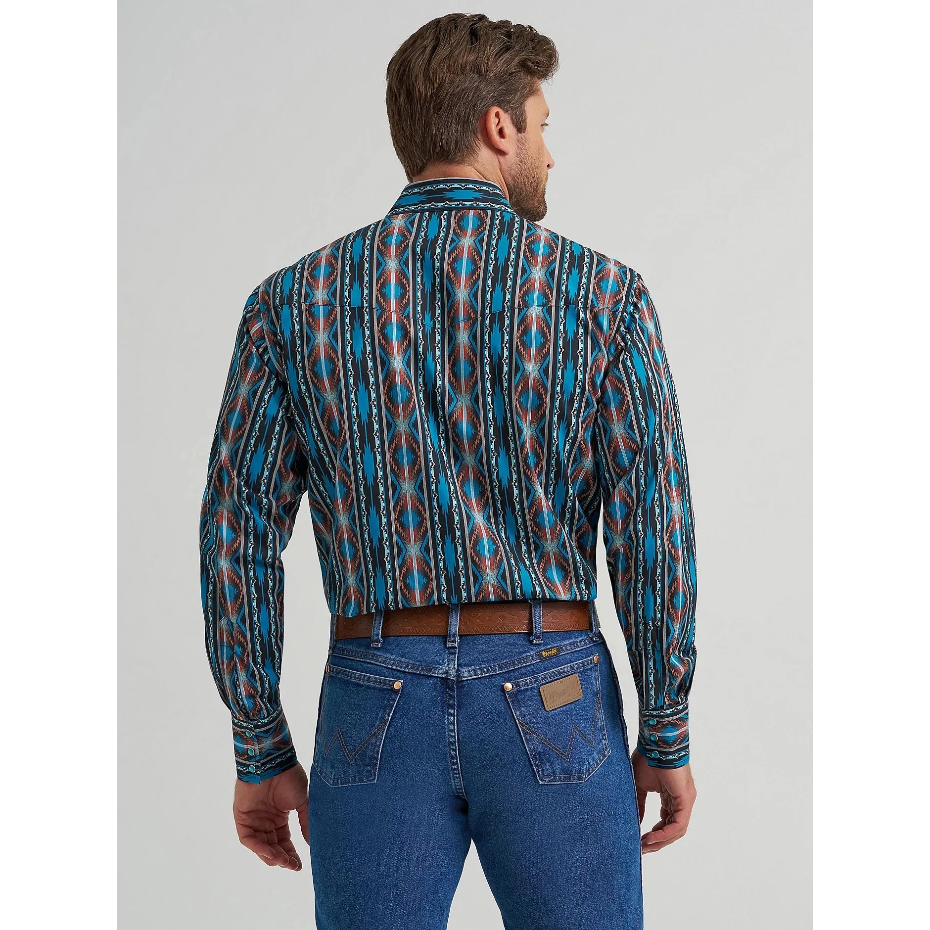 Men's Wrangler Checotah® Long Sleeve Western Snap Printed Shirt-Turquoise Crimson