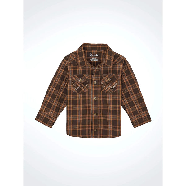 Little Boy's Wrangler Long Sleeve Plaid Western Snap Shirt-Mocha Brown