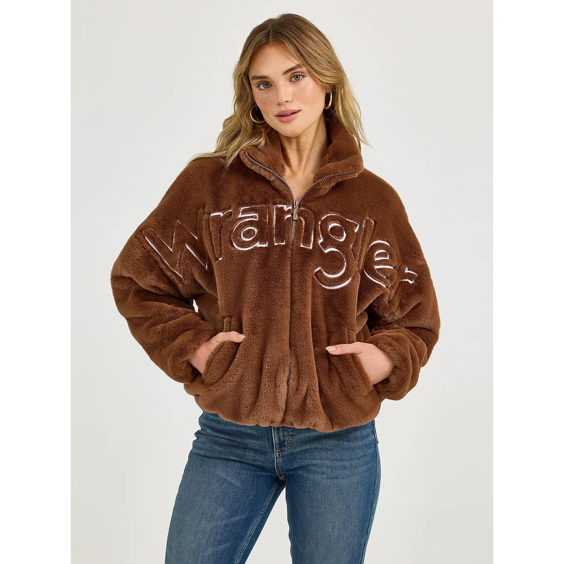 Women's Wrangler Logo Fuzzy Zip Jacket-Teddy Brown