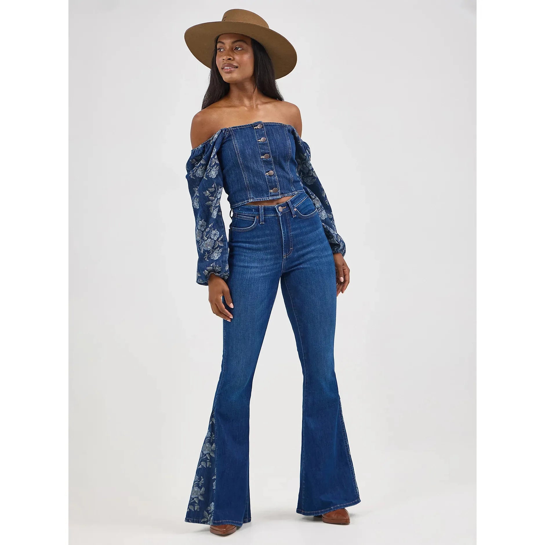 Women's Wrangler Denim Puffed Sleeve Cropped Blouse-Dark Denim