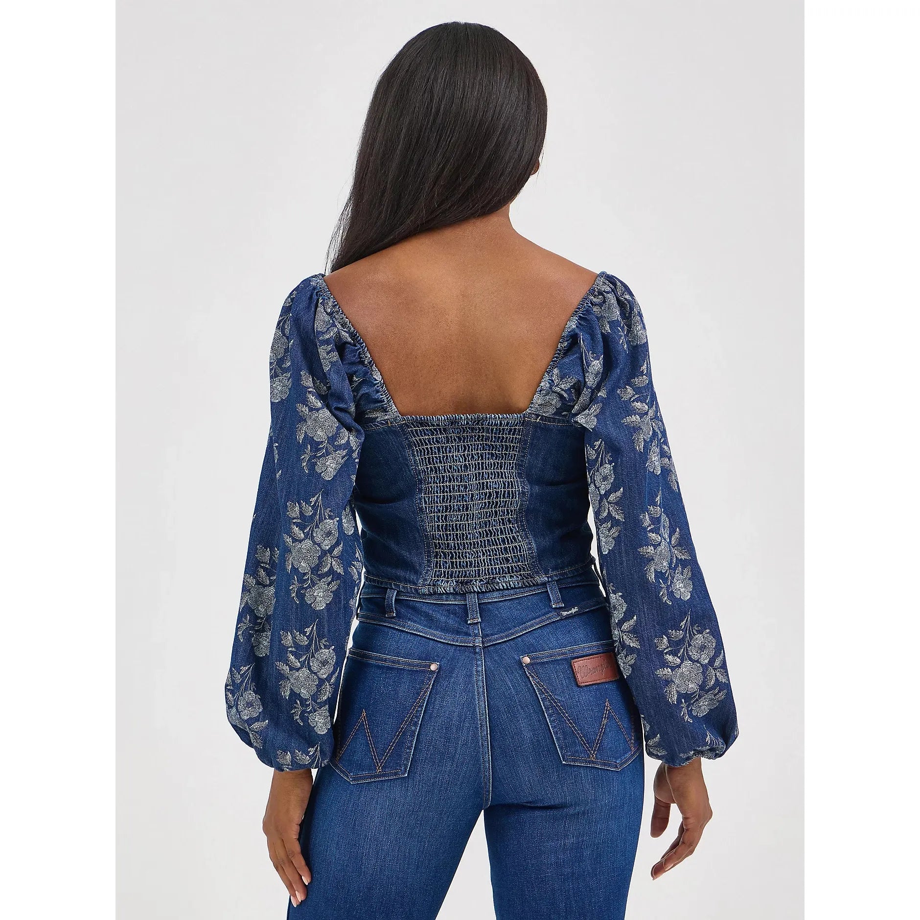 Women's Wrangler Denim Puffed Sleeve Cropped Blouse-Dark Denim