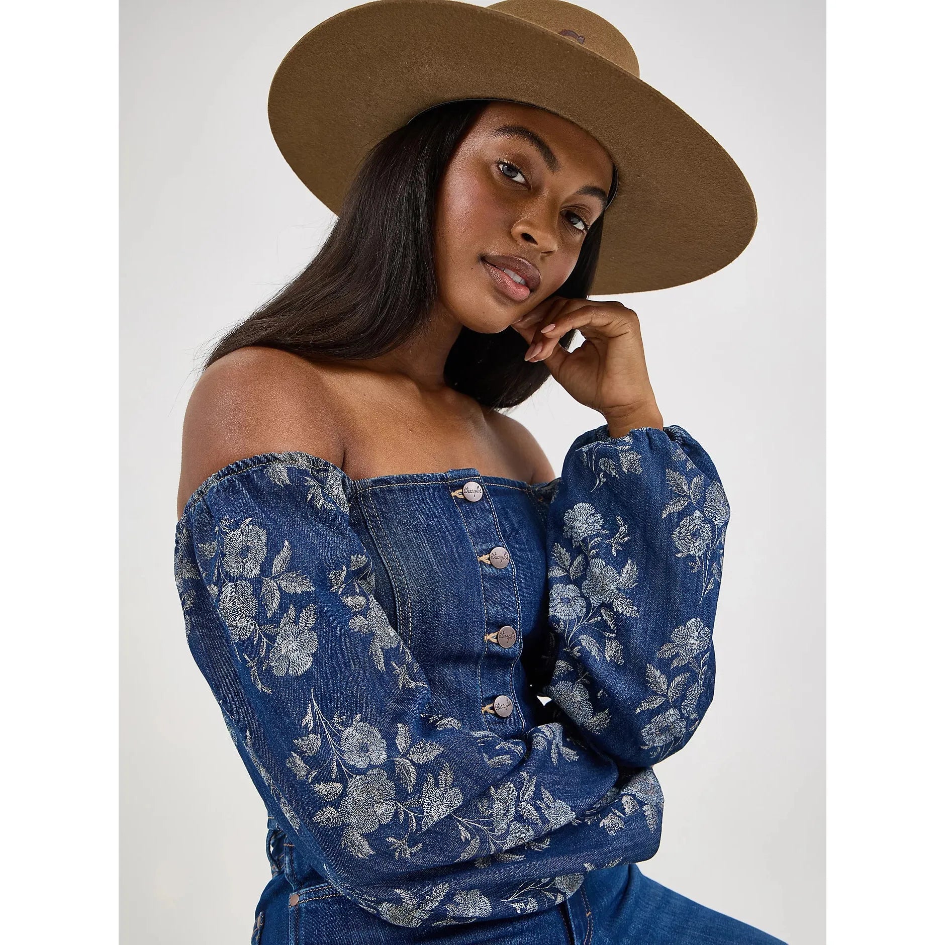 Women's Wrangler Denim Puffed Sleeve Cropped Blouse-Dark Denim