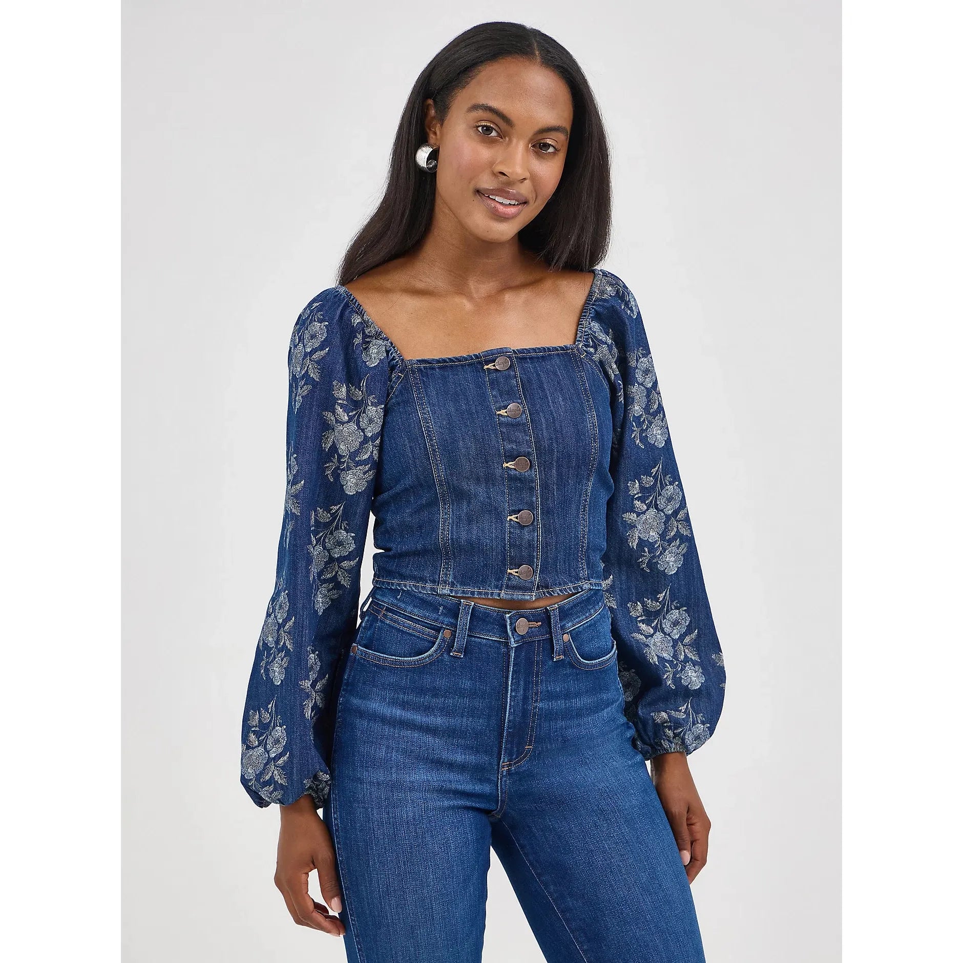 Women's Wrangler Denim Puffed Sleeve Cropped Blouse-Dark Denim