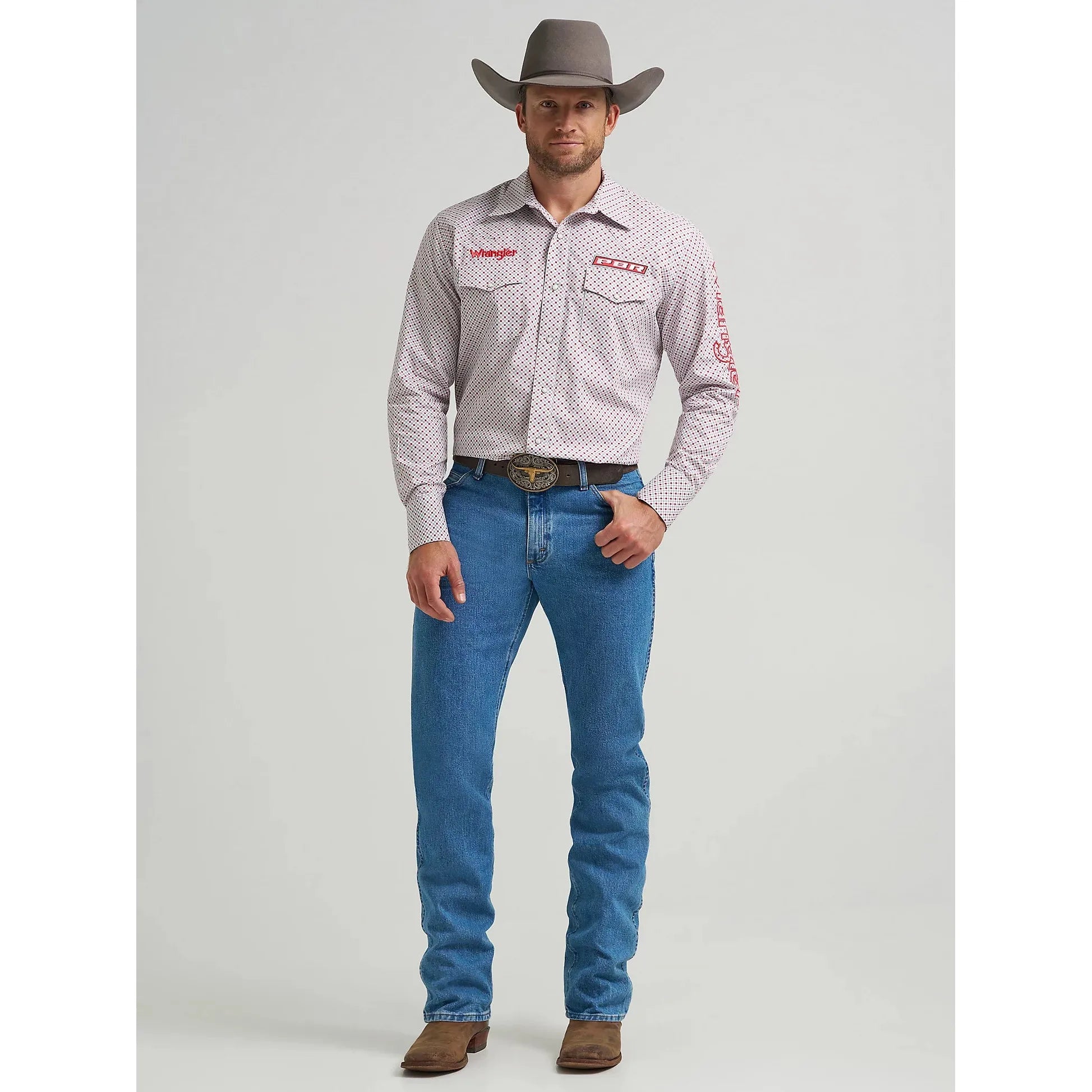Men's Wrangler PBR Long Sleeve Print Western Snap Shirt-Red Diamond
