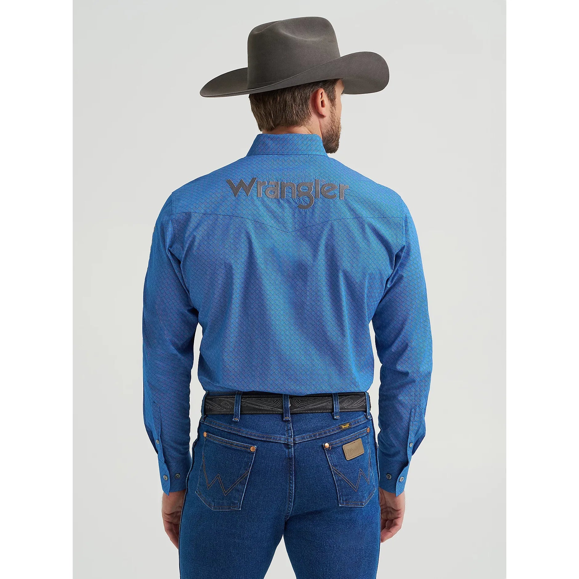 Men's Wrangler Logo Long Sleeve Western Snap Shirt-Cerulean Hatch