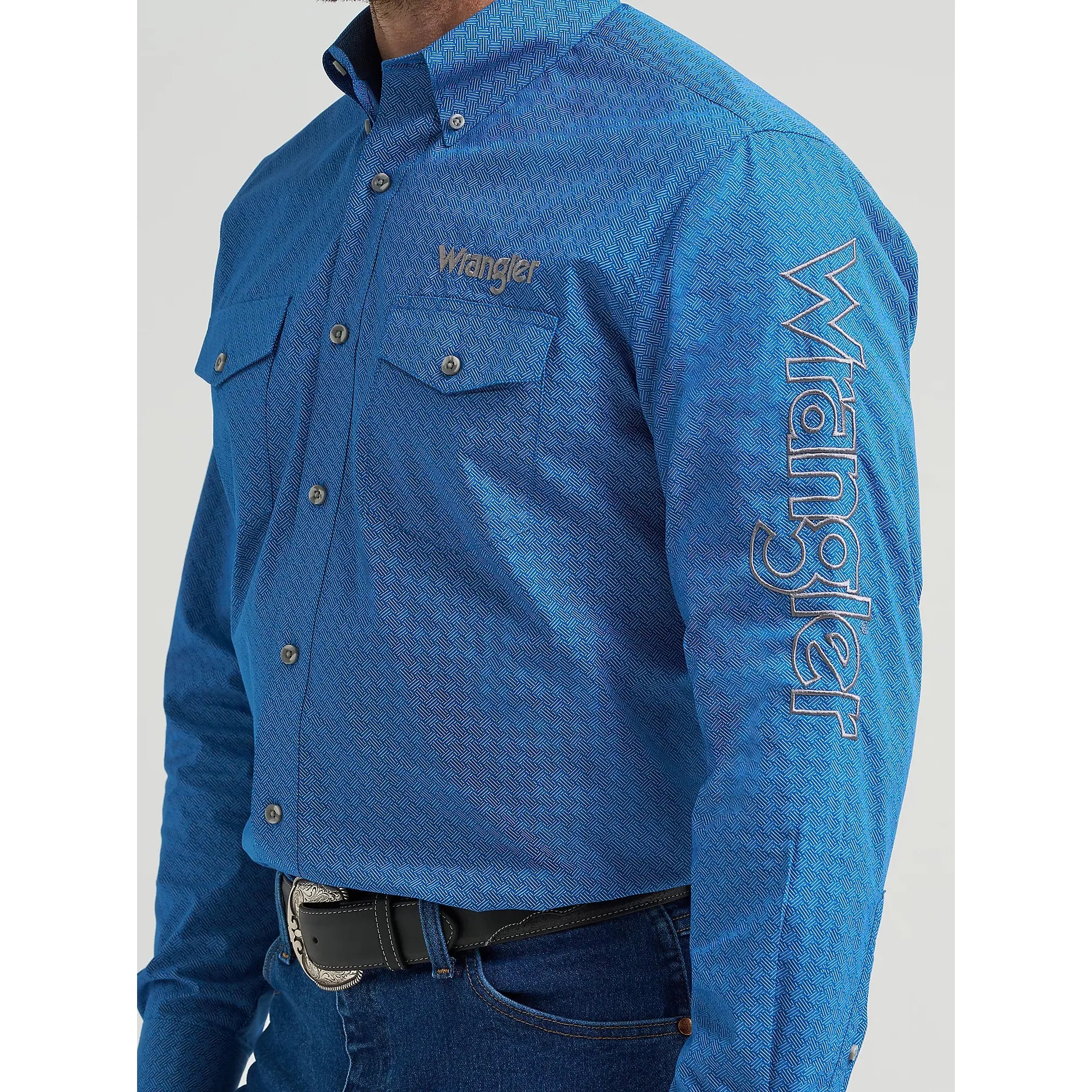 Men's Wrangler Logo Long Sleeve Western Snap Shirt-Cerulean Hatch