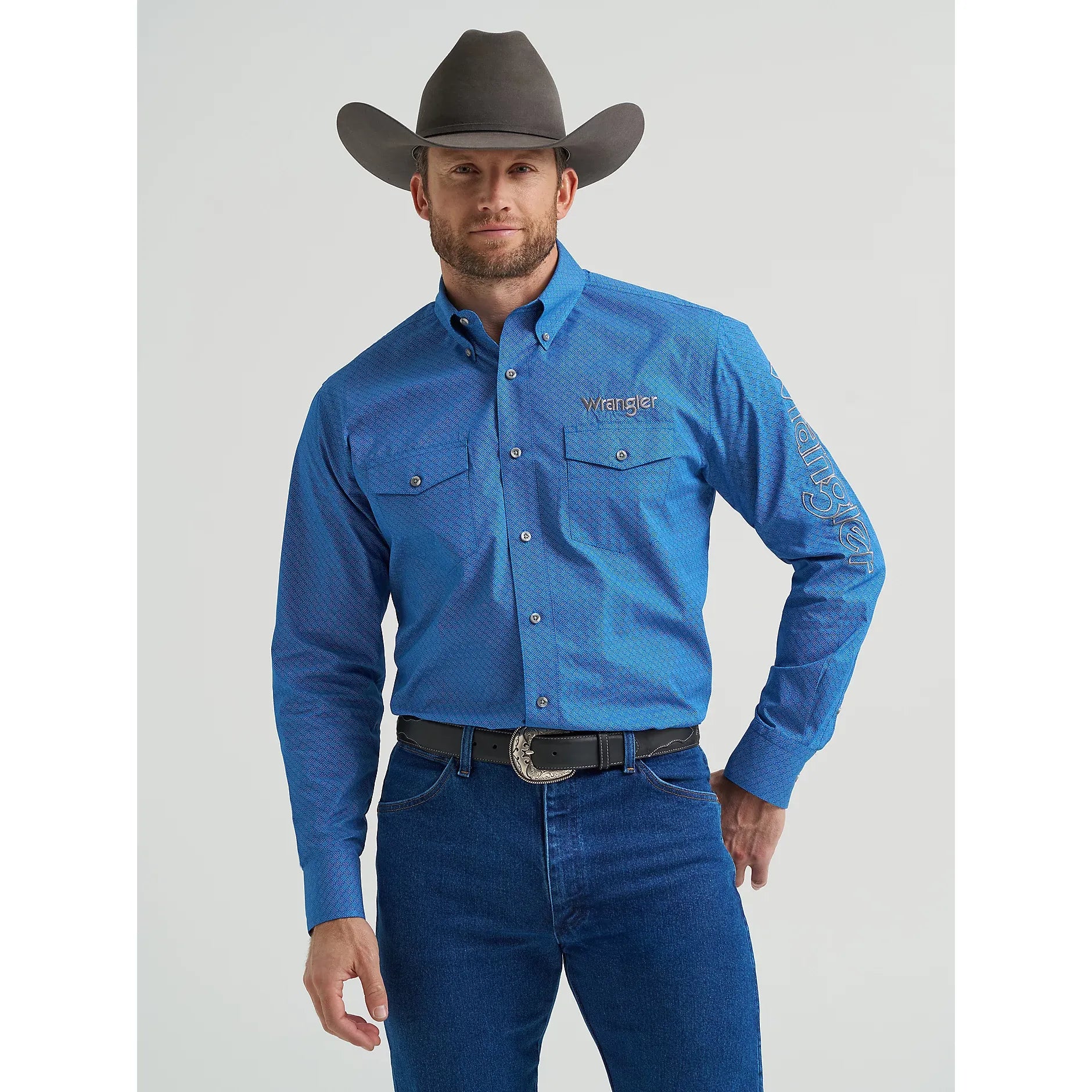 Men's Wrangler Logo Long Sleeve Western Snap Shirt-Cerulean Hatch