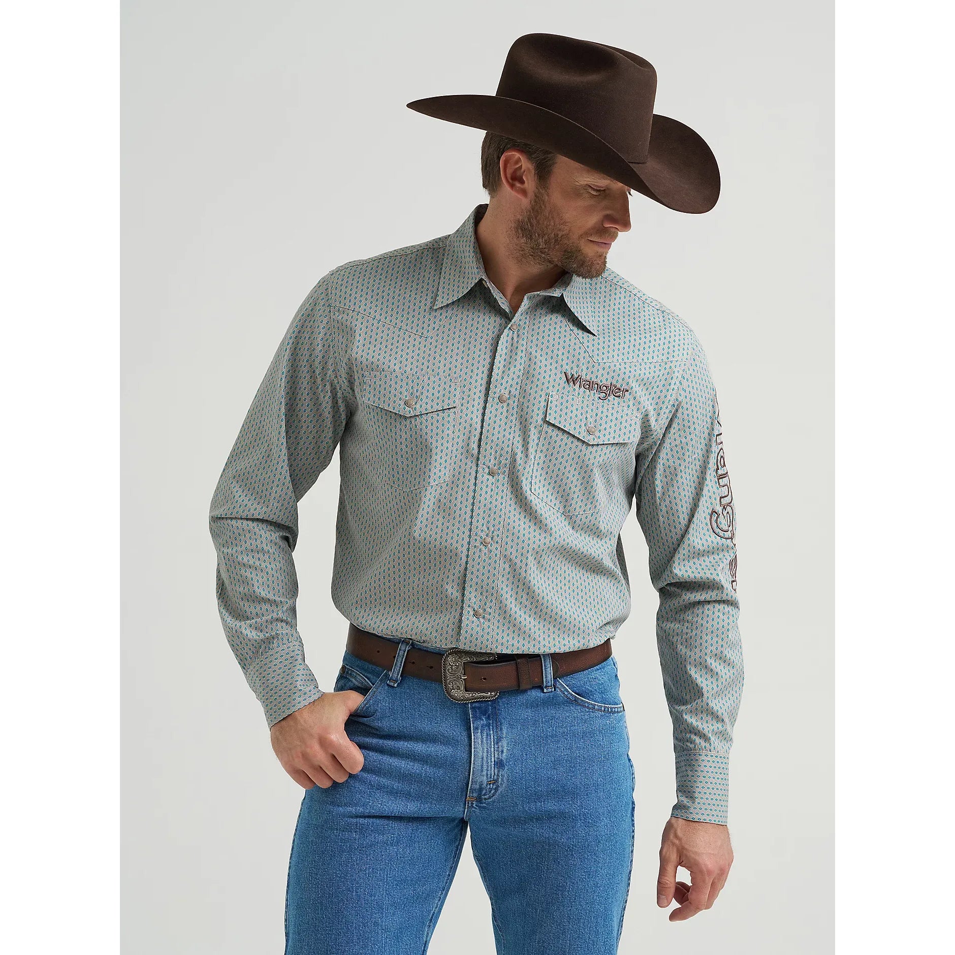Men's Wrangler Logo Long Sleeve Western Snap Shirt-Peacock