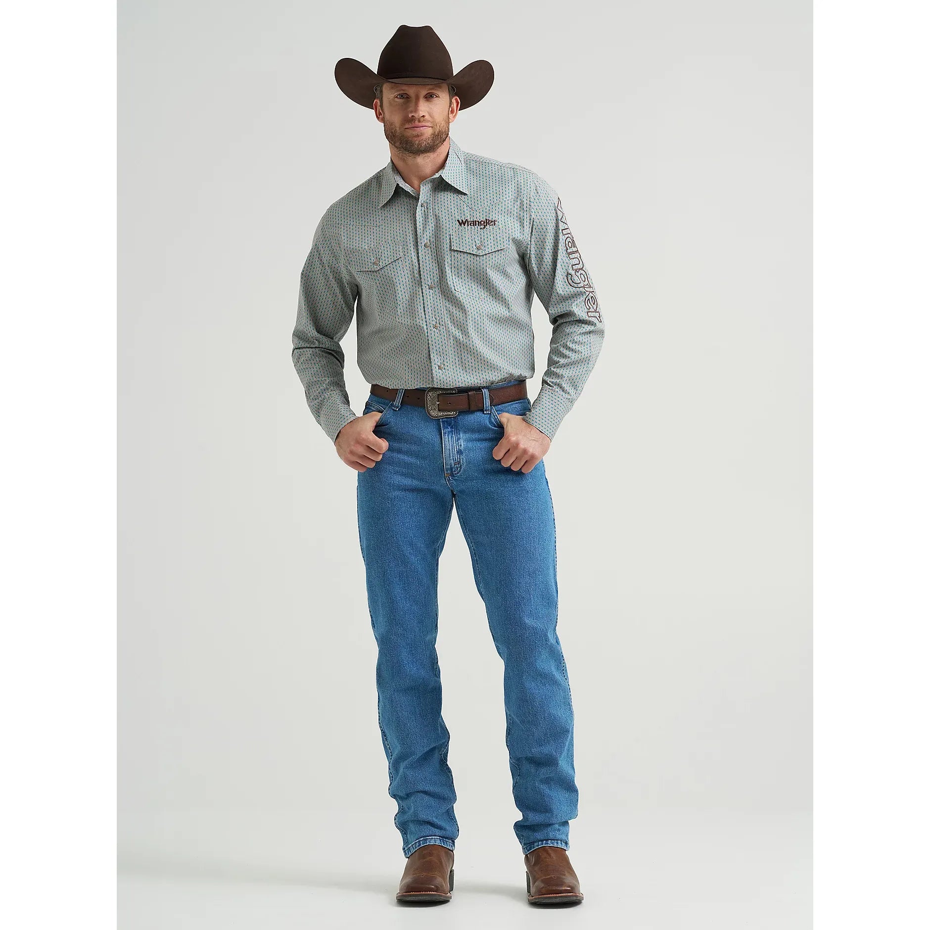 Men's Wrangler Logo Long Sleeve Western Snap Shirt-Peacock
