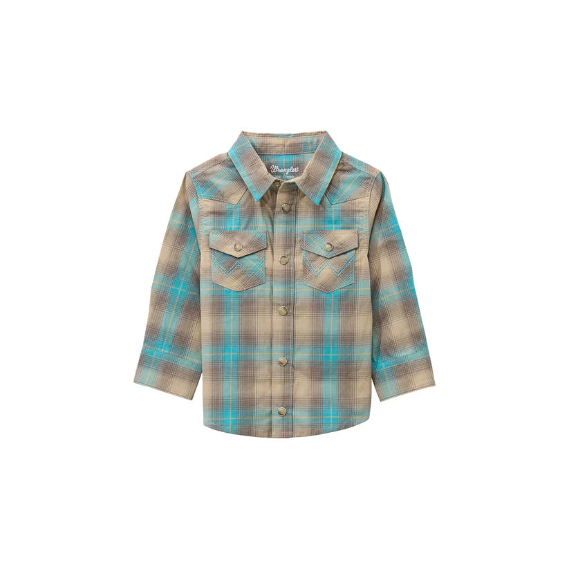 Little Boy's Wrangler Long Sleeve Plaid Western Snap Shirt-Tan/Aqua