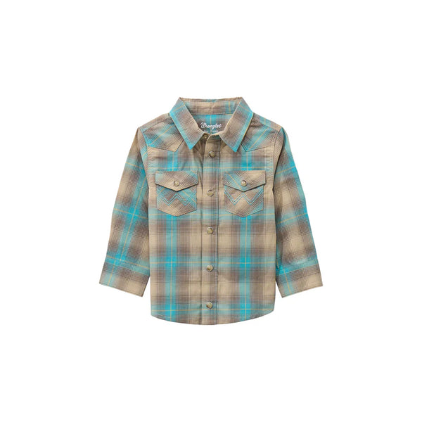 Little Boy's Wrangler Long Sleeve Plaid Western Snap Shirt-Tan/Aqua