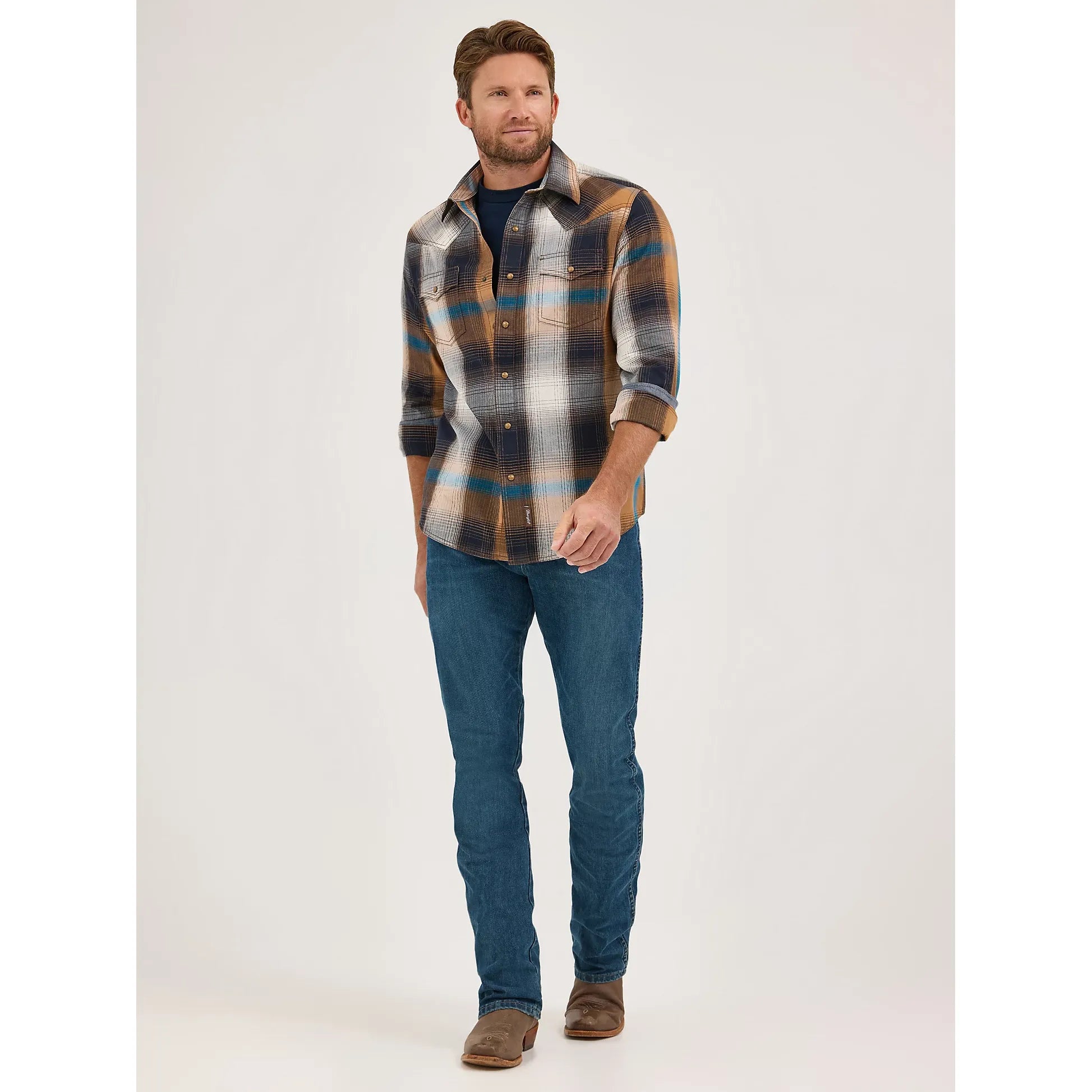 Men's Wrangler Retro Premium Western Snap Solid Shirt-Bold Brown