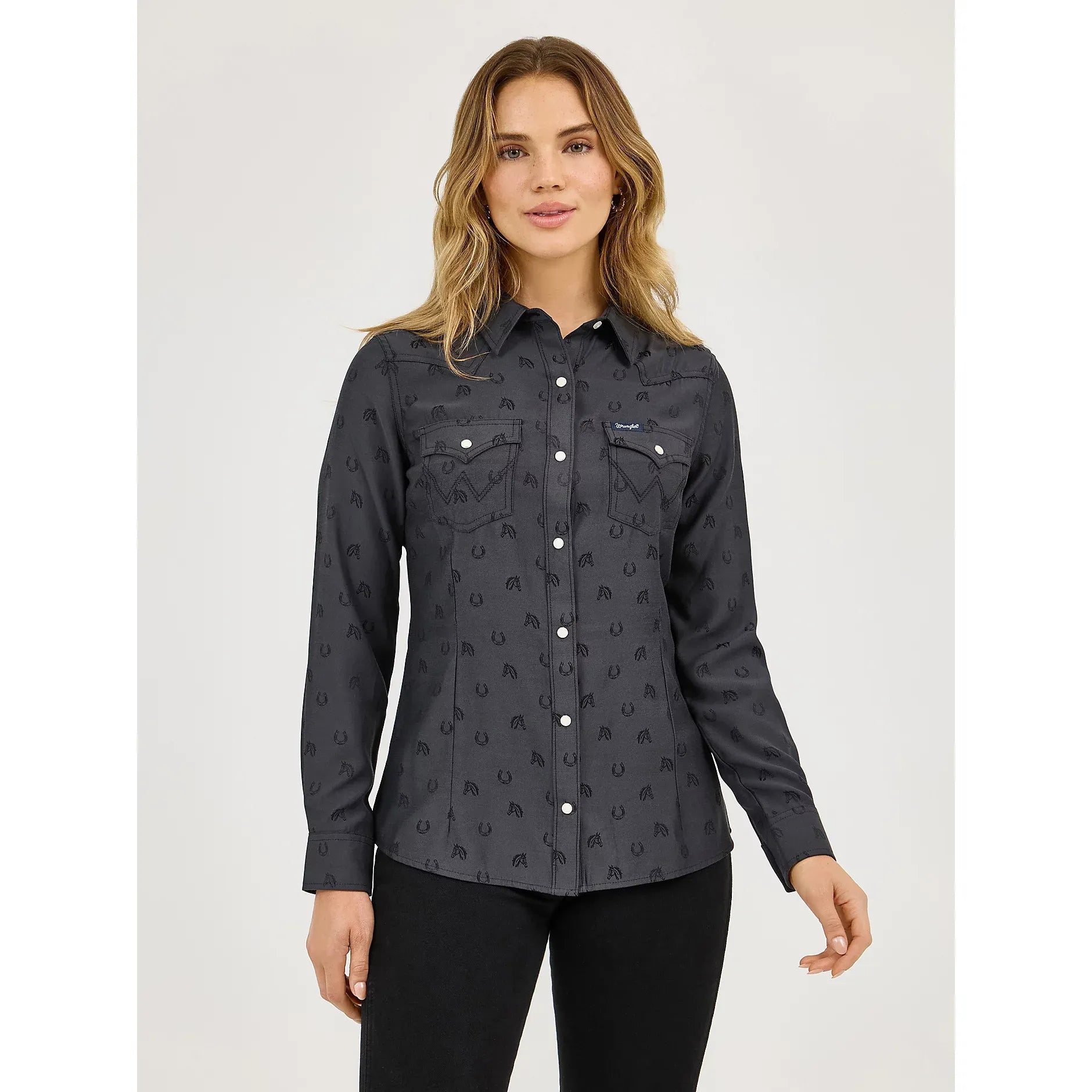Women's Wrangler All Occasion Western Snap Shirt-Subtle Black Horses