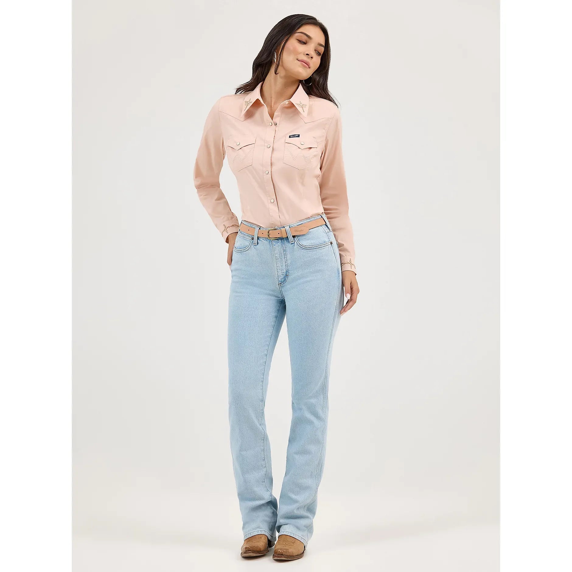 Women's Wrangler Embroidered Collar Slim Western Snap Shirt-Pink