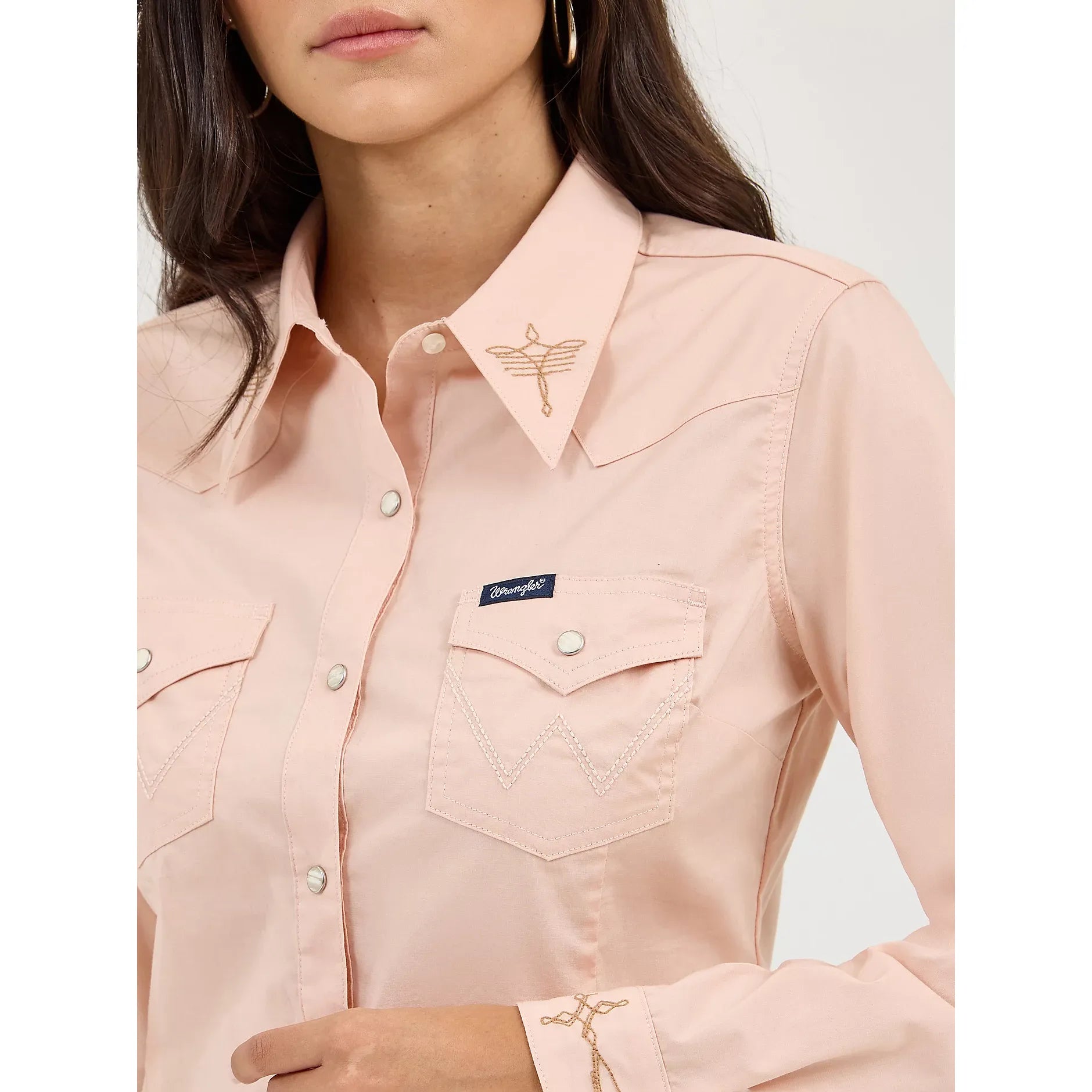 Women's Wrangler Embroidered Collar Slim Western Snap Shirt-Pink