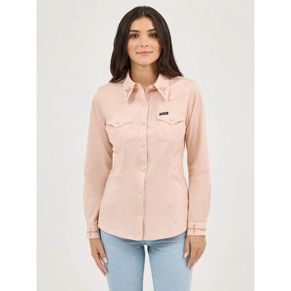 Women's Wrangler Embroidered Collar Slim Western Snap Shirt-Pink