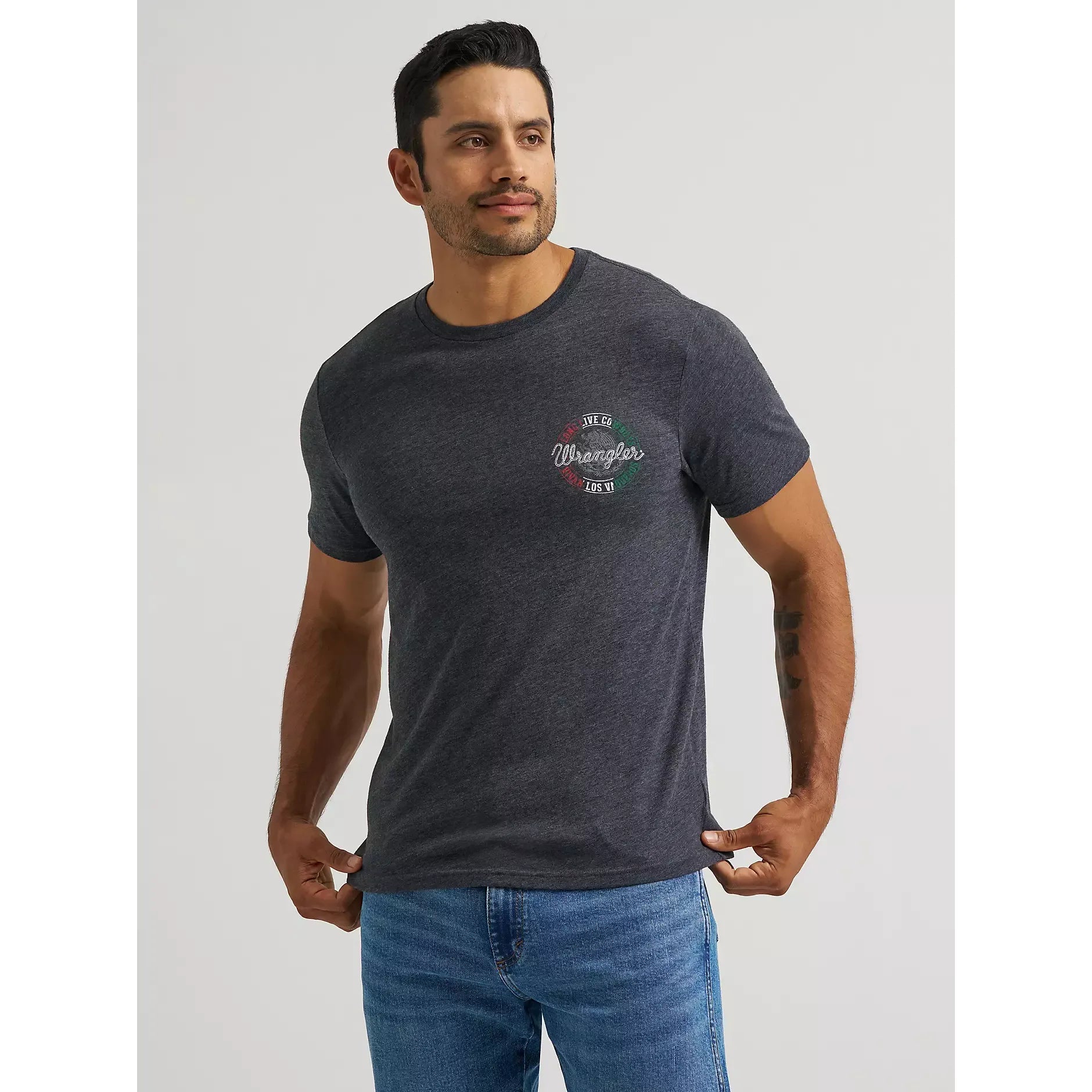 Men's Wrangler Vivan Los Vaqueros Back Graphic T-Shirt-Jet Black Heather - CWesternwear