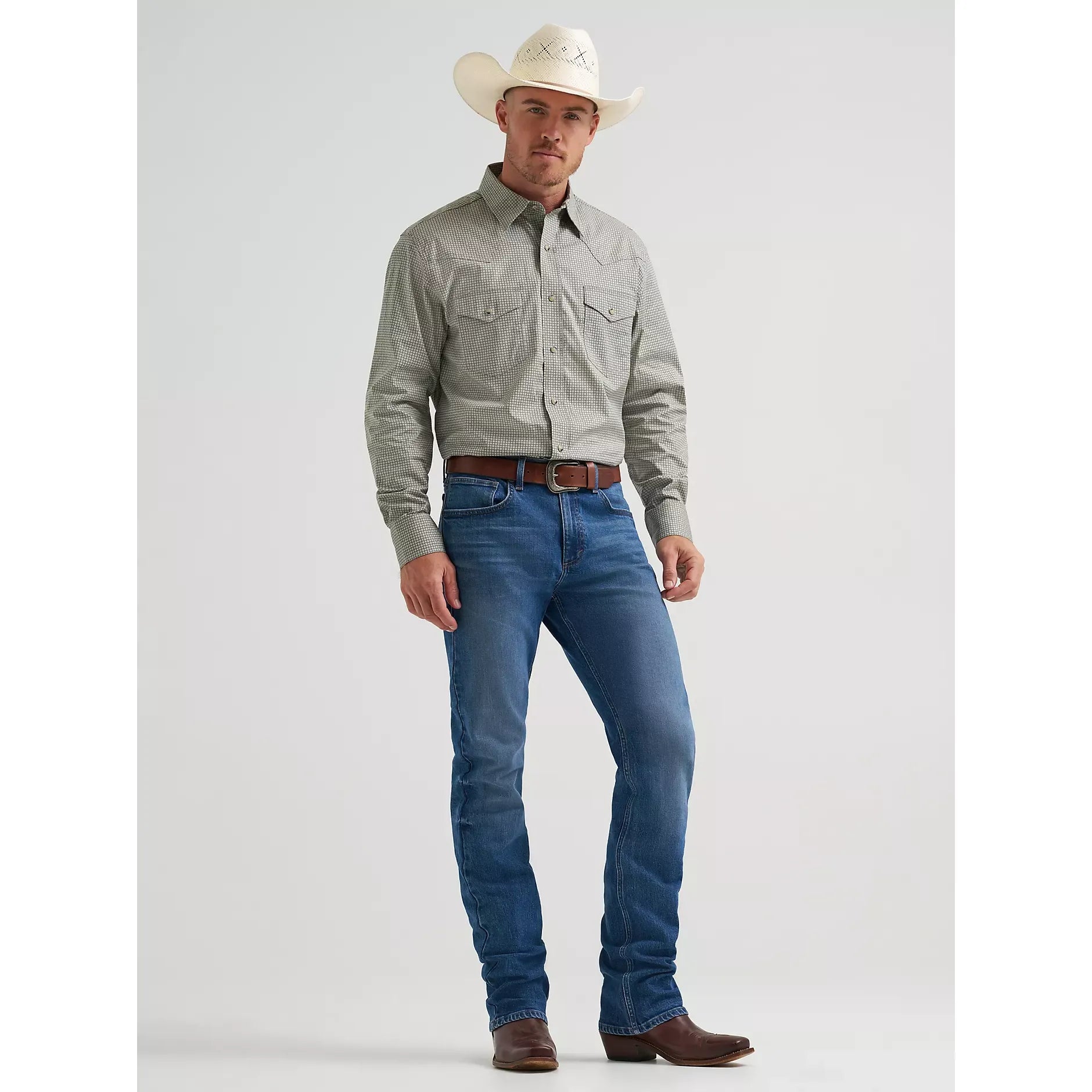 Men's Wrangler 20X Competition Advanced Comfort Long Sleeve Two Pocket Western Snap Shirt-Olive Minis - CWesternwear