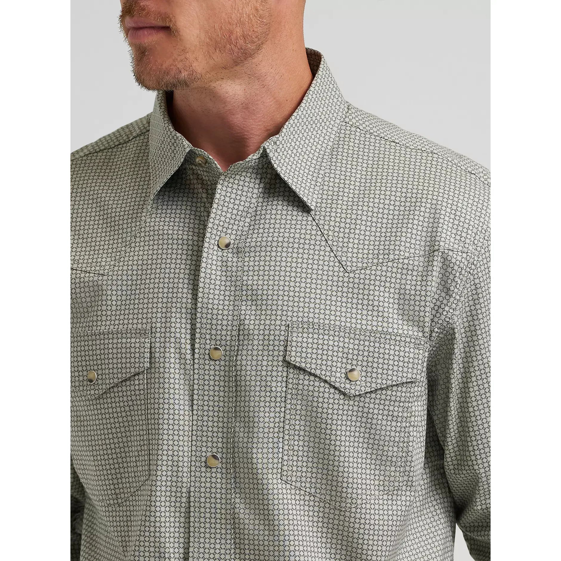 Men's Wrangler 20X Competition Advanced Comfort Long Sleeve Two Pocket Western Snap Shirt-Olive Minis - CWesternwear