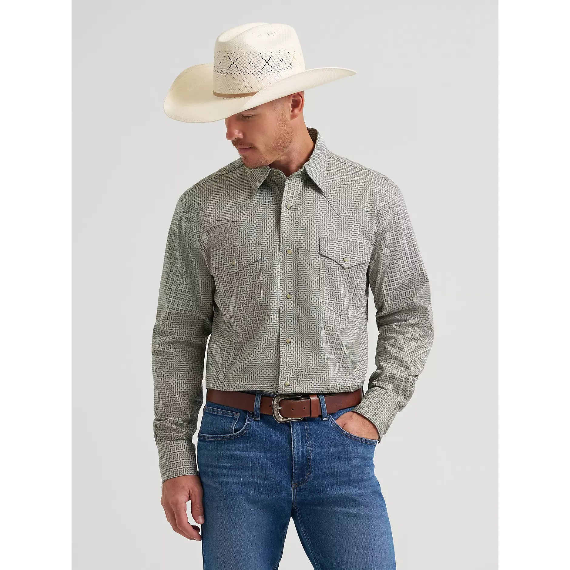 Men's Wrangler 20X Competition Advanced Comfort Long Sleeve Two Pocket Western Snap Shirt-Olive Minis - CWesternwear