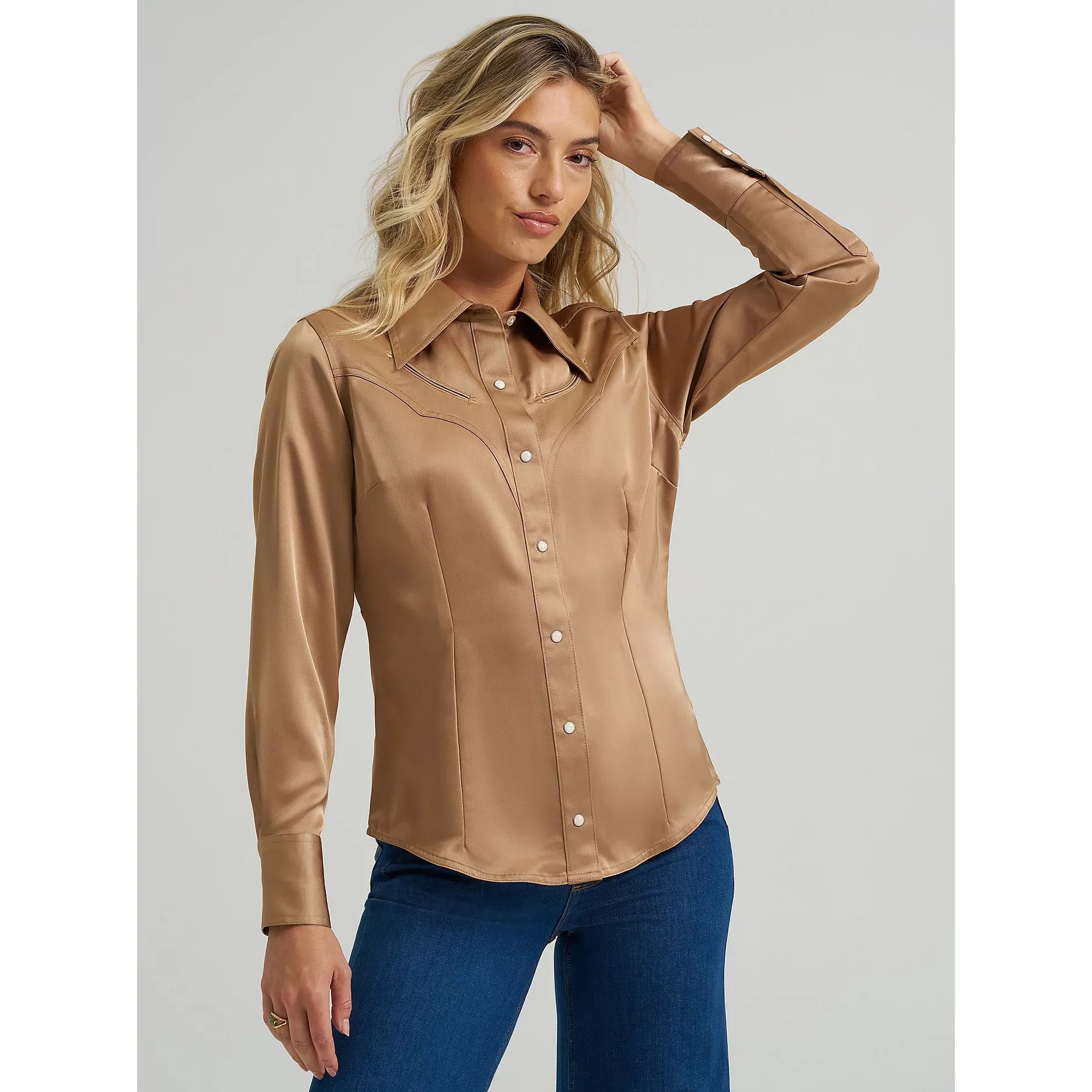 Women's Wrangler x Lainey Wilson Glam Satin Western Snap Shirt-Gold